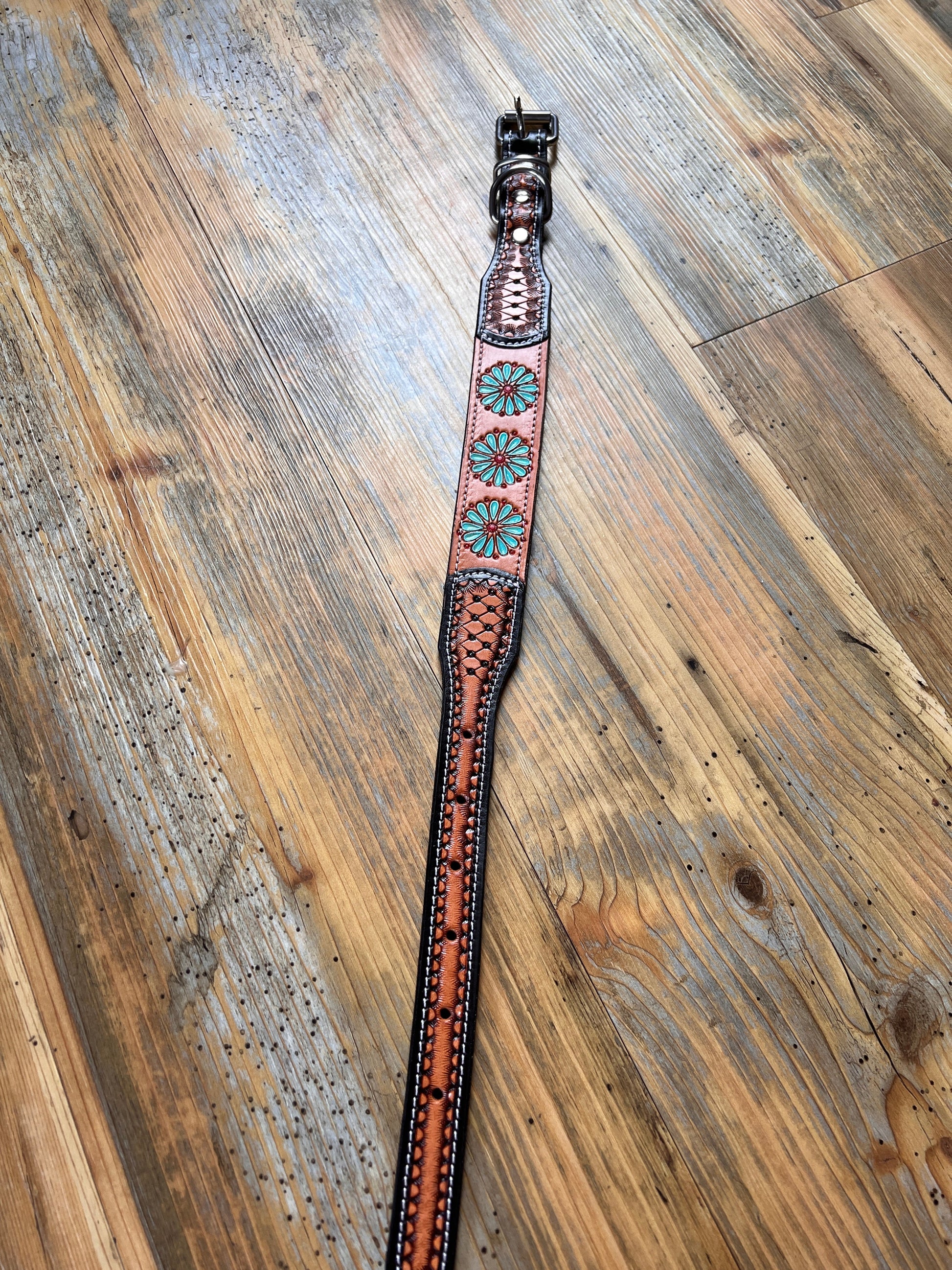 Leather Handpainted Tooled Squash Blossom Dog Collar