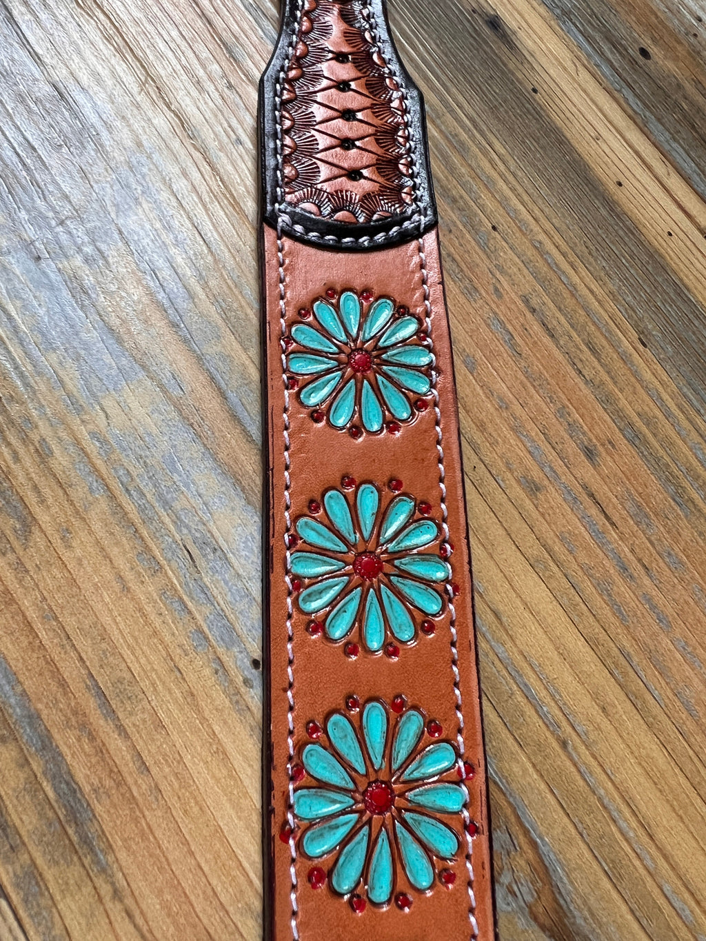Leather Handpainted Tooled Squash Blossom Dog Collar
