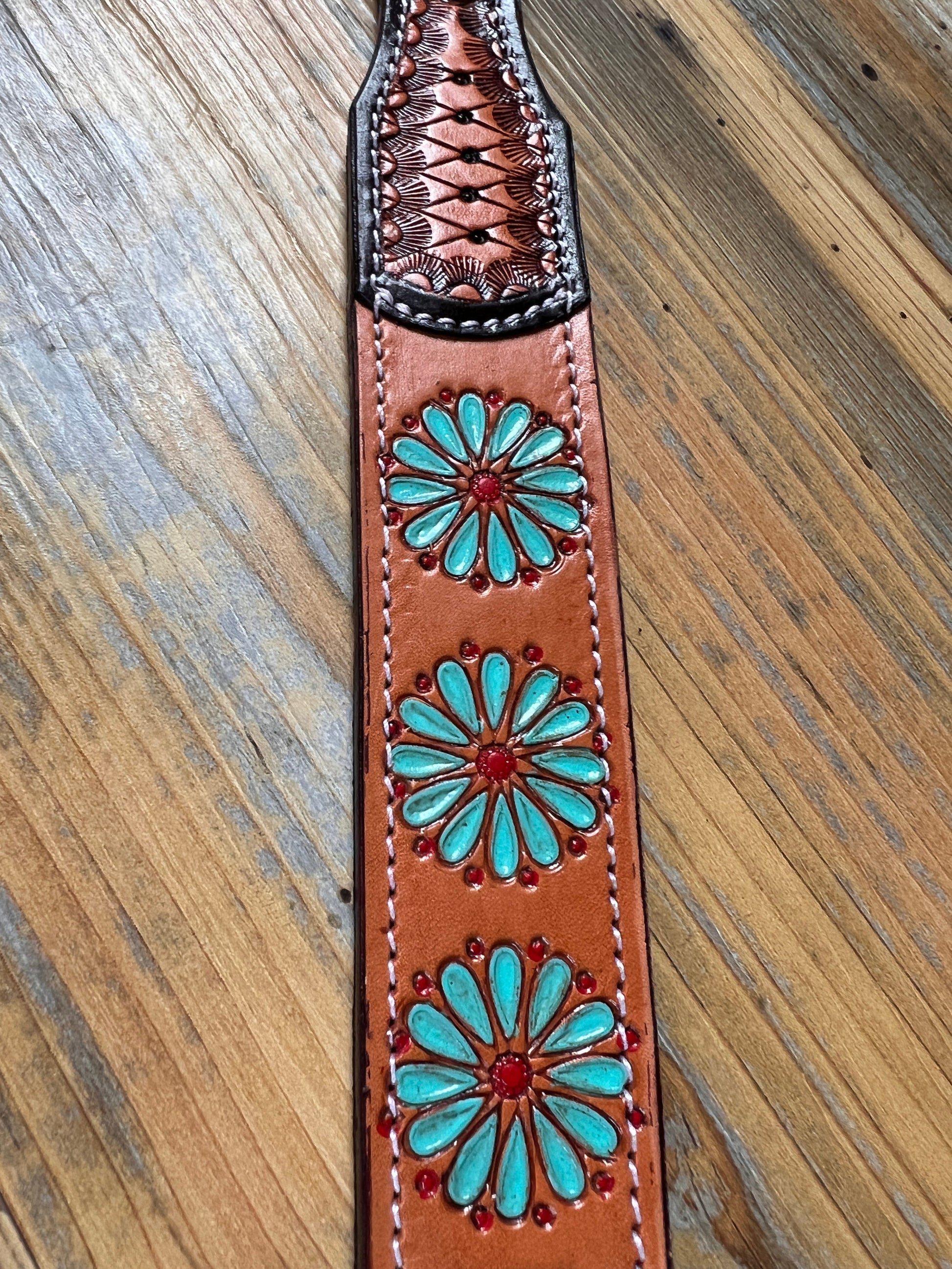 Leather Handpainted Tooled Squash Blossom Dog Collar