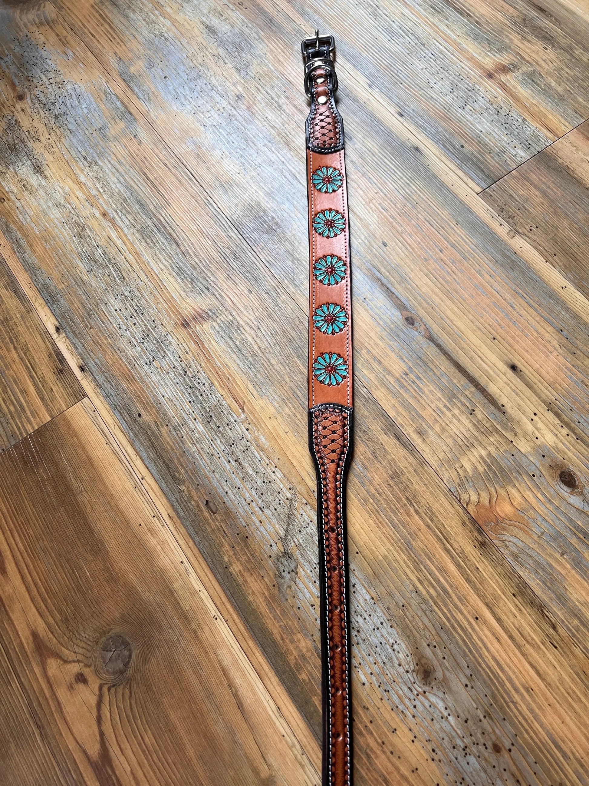 Leather Handpainted Tooled Squash Blossom Dog Collar