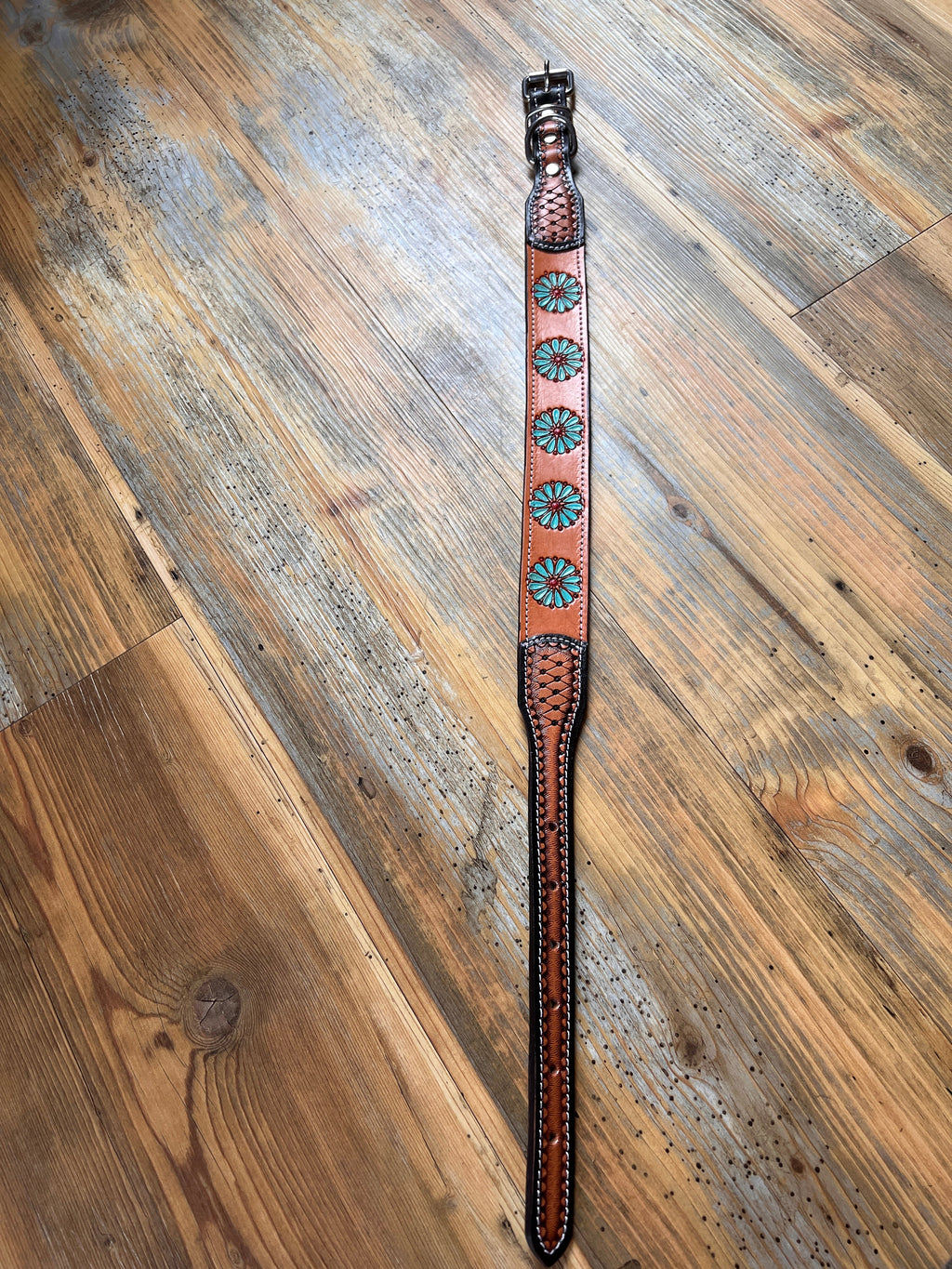 Leather Handpainted Tooled Squash Blossom Dog Collar