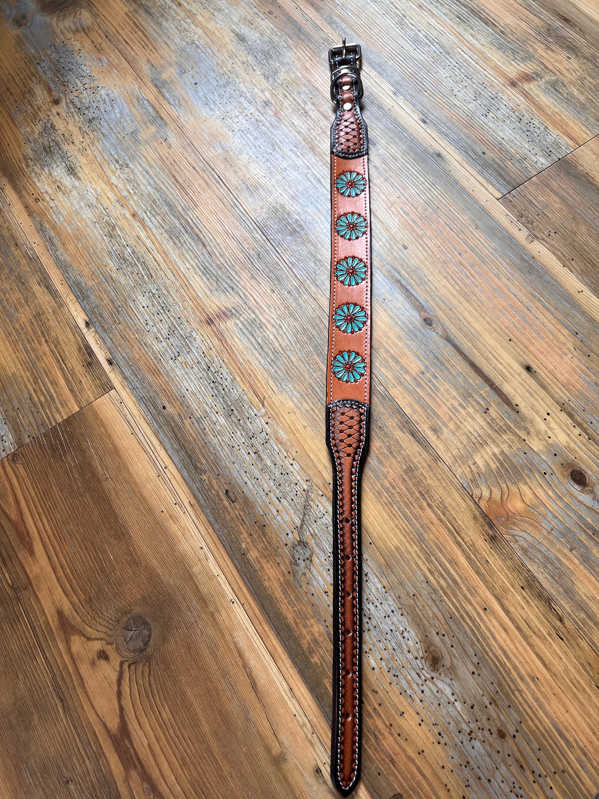 Leather Handpainted Tooled Squash Blossom Dog Collar