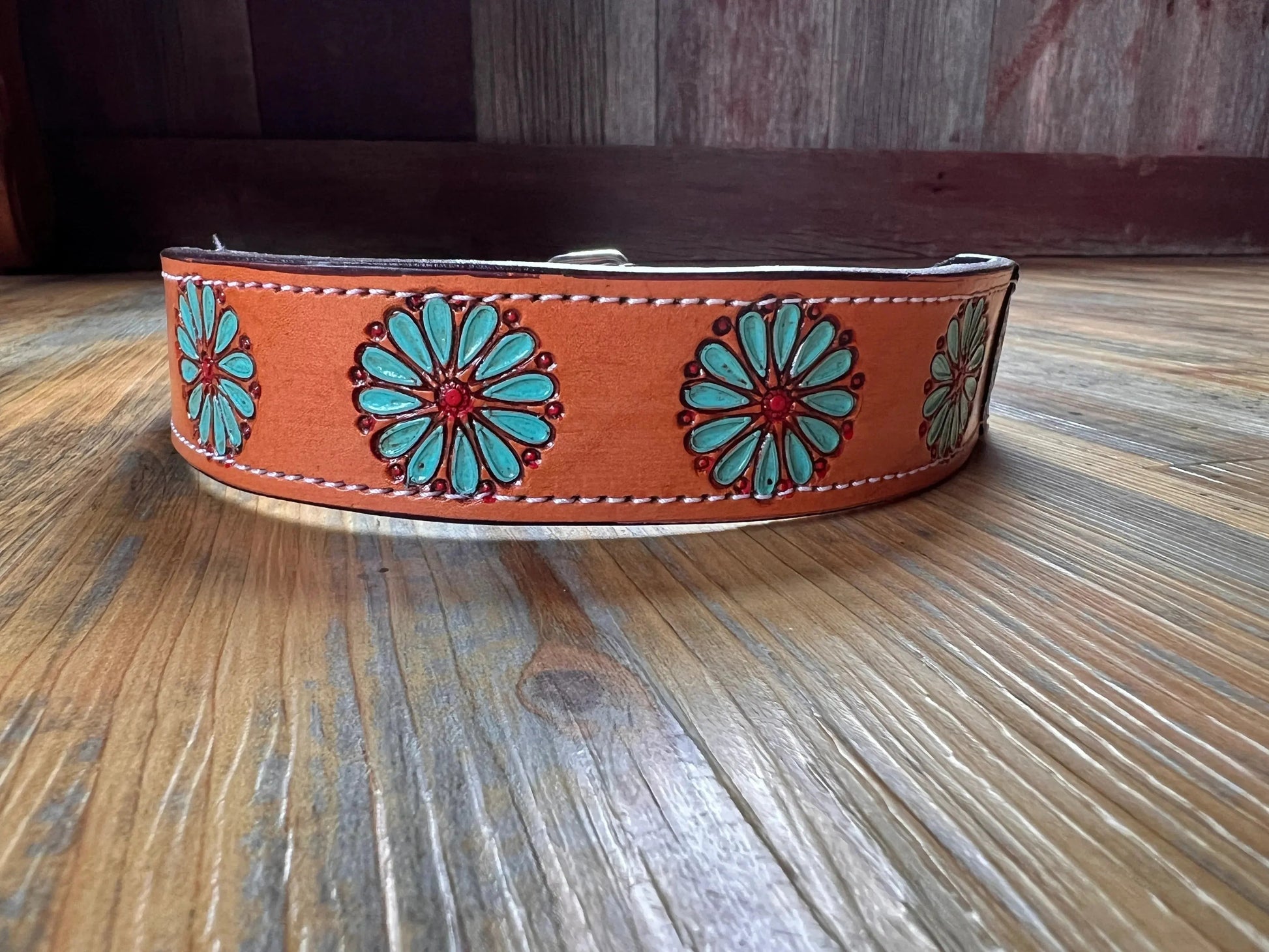 Leather Handpainted Tooled Squash Blossom Dog Collar
