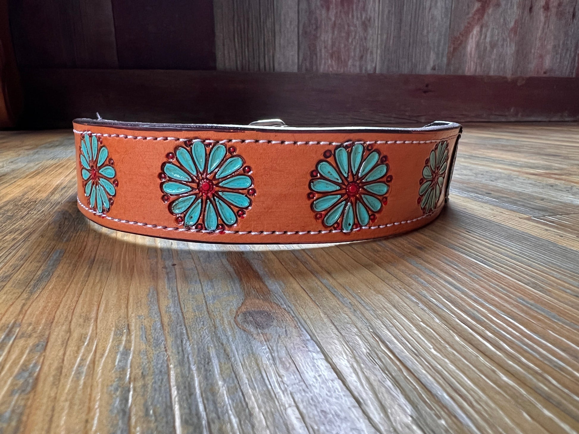 Leather Handpainted Tooled Squash Blossom Dog Collar