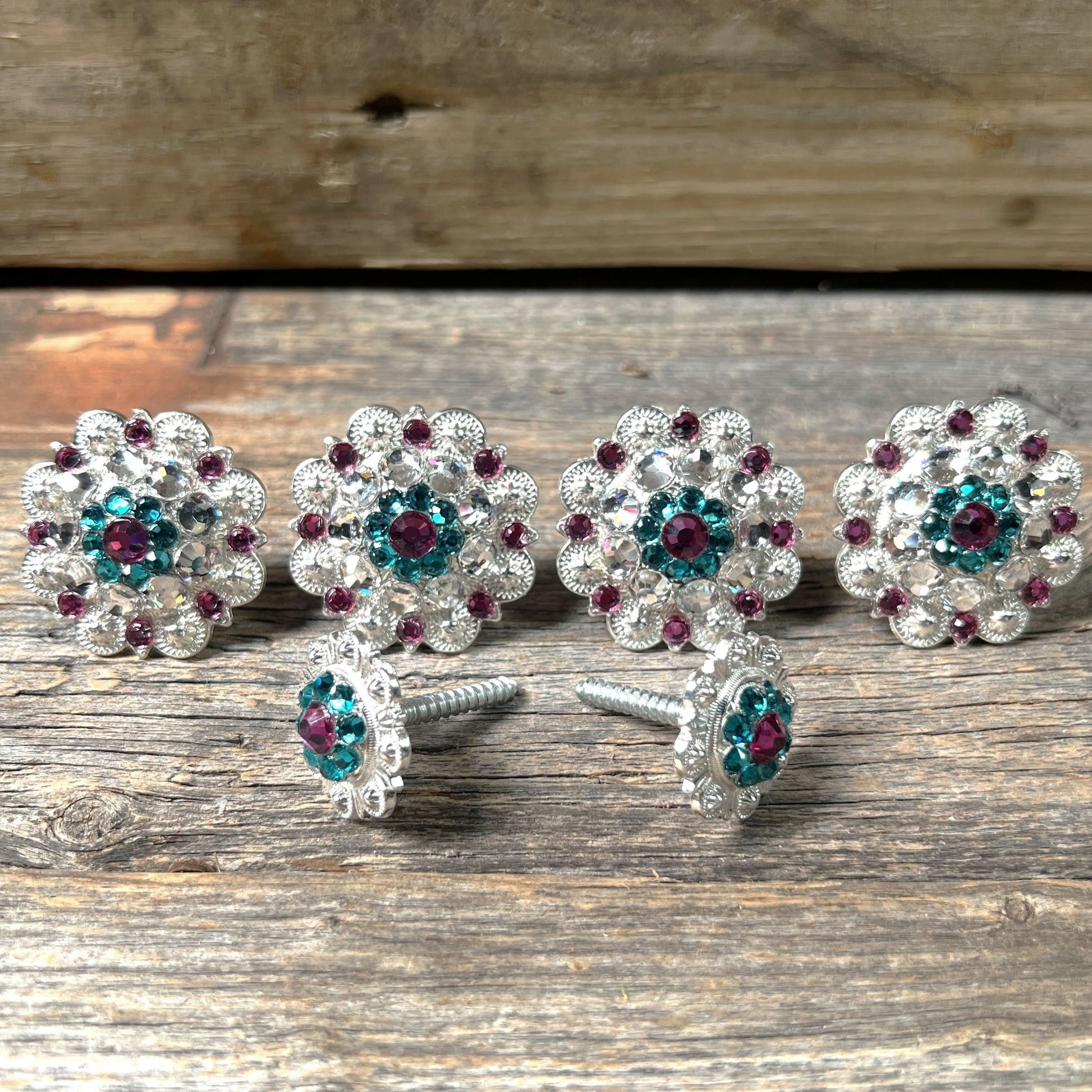 Bright Silver Fuchsia Teal & Clear Saddle Conchos