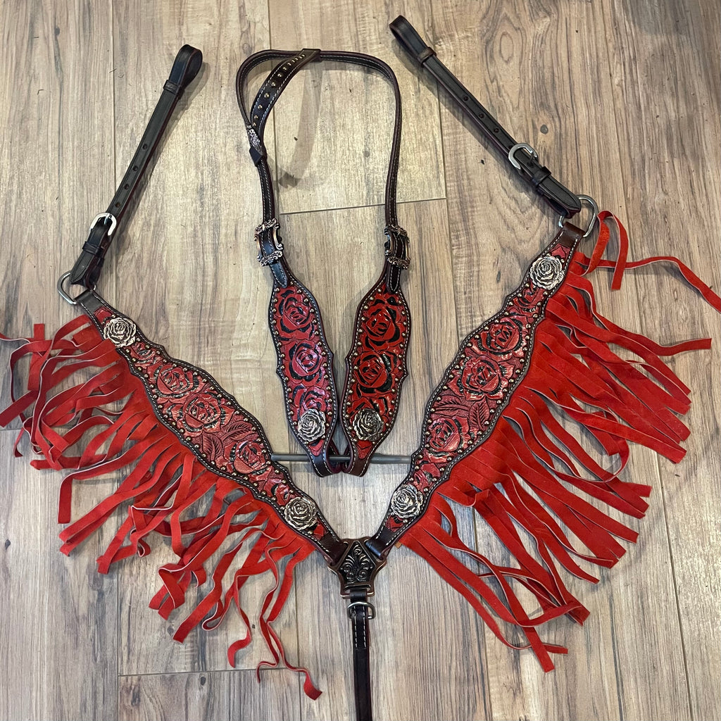 Red Rose Fringe Tooled Western Tack Set- Barrel Racing Tack Set