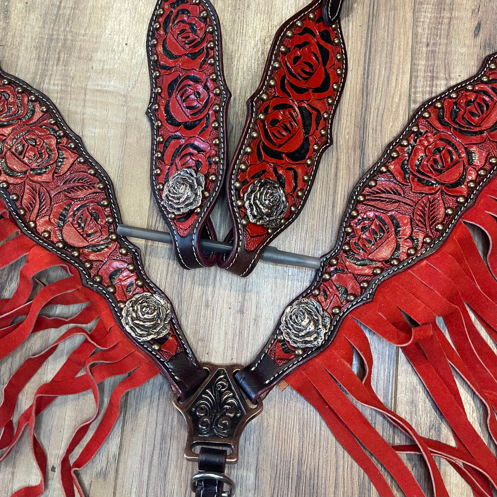 Red Rose Fringe Tooled Western Tack Set- Barrel Racing Tack Set