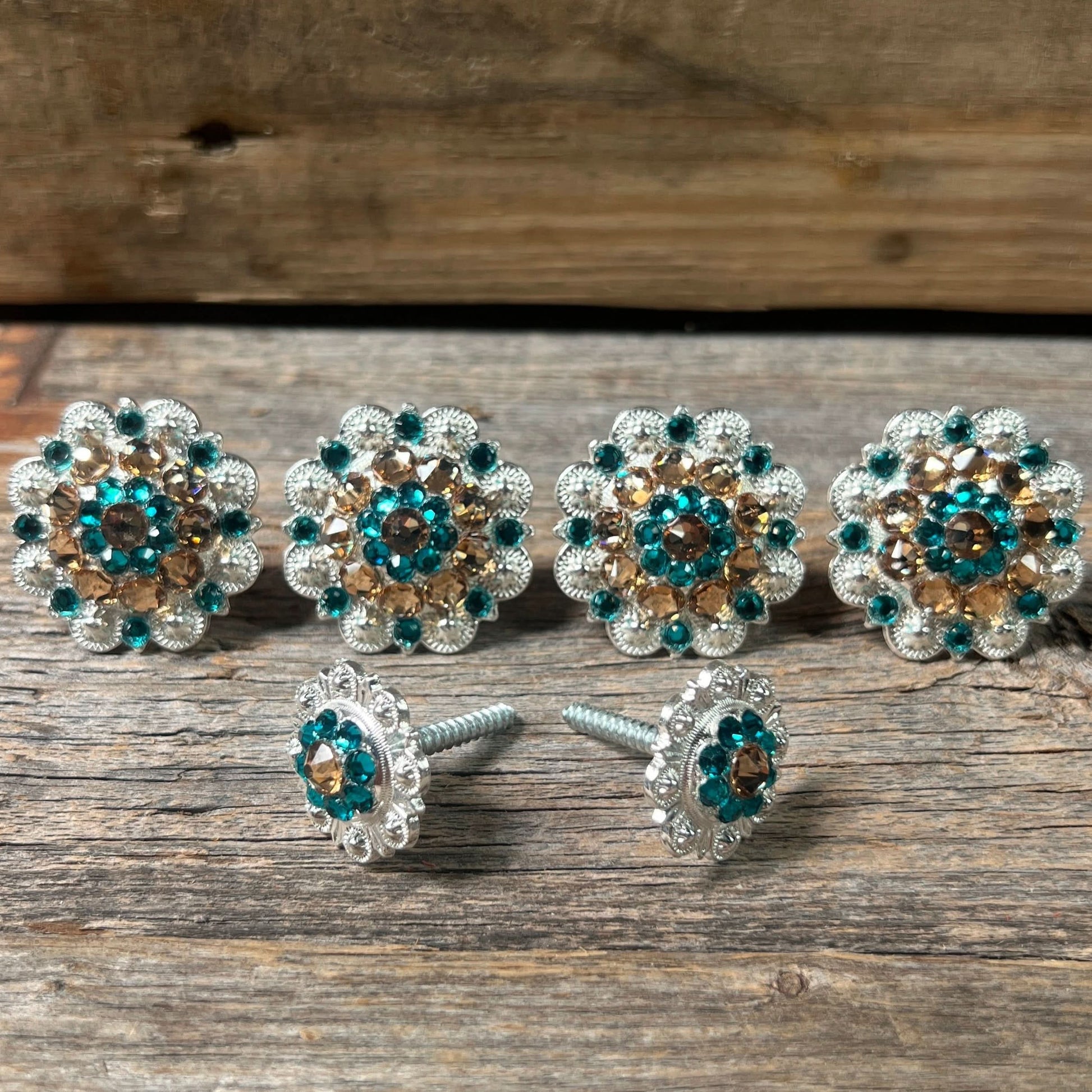 Bright Silver Champagne & Teal Saddle Conchos