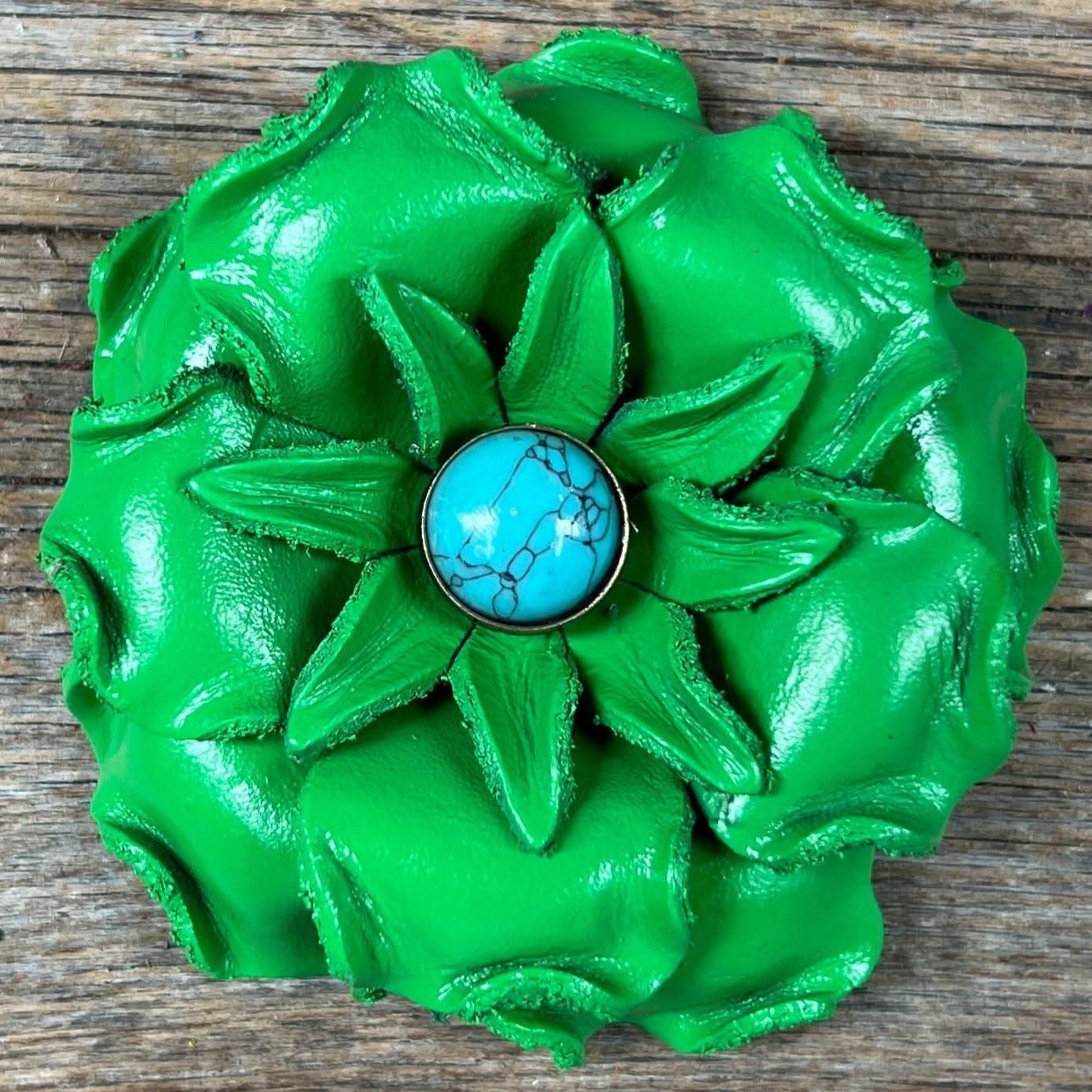 Neon Green Gardenia Flower With Round Turquoise Cabochon