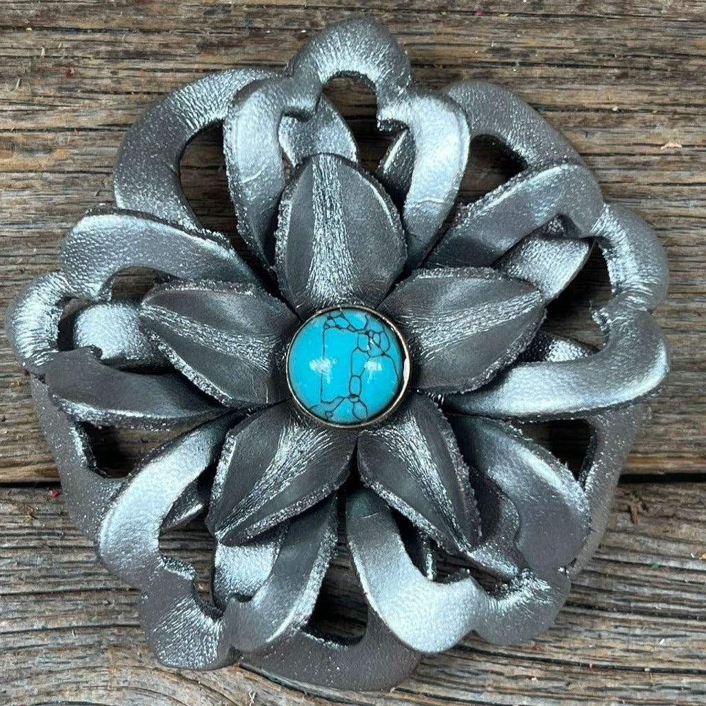 Hand Painted Leather Flowers - Lotus - Round Turquoise Cabochons