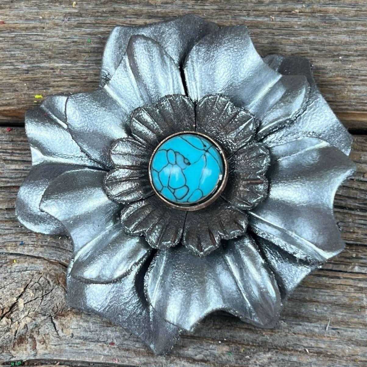 Silver Carnation Flower With Round Turquoise Cabochon