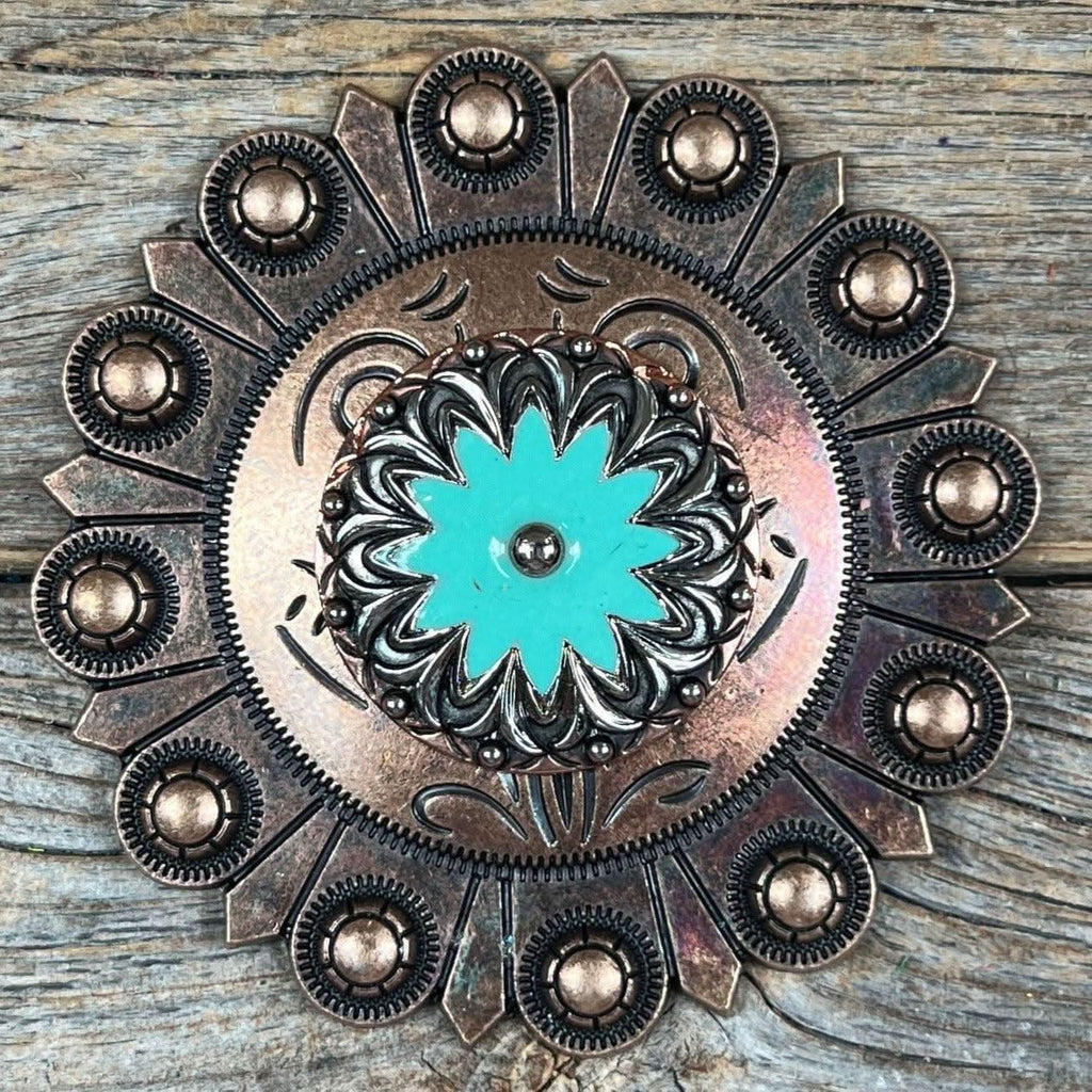 Copper & Antique Silver Turquoise Flower Western Concho W122