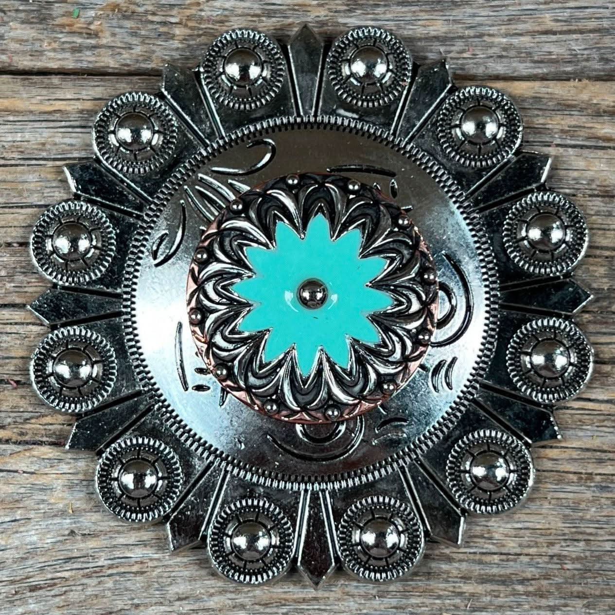 Copper & Antique Silver Turquoise Flower Western Concho W122