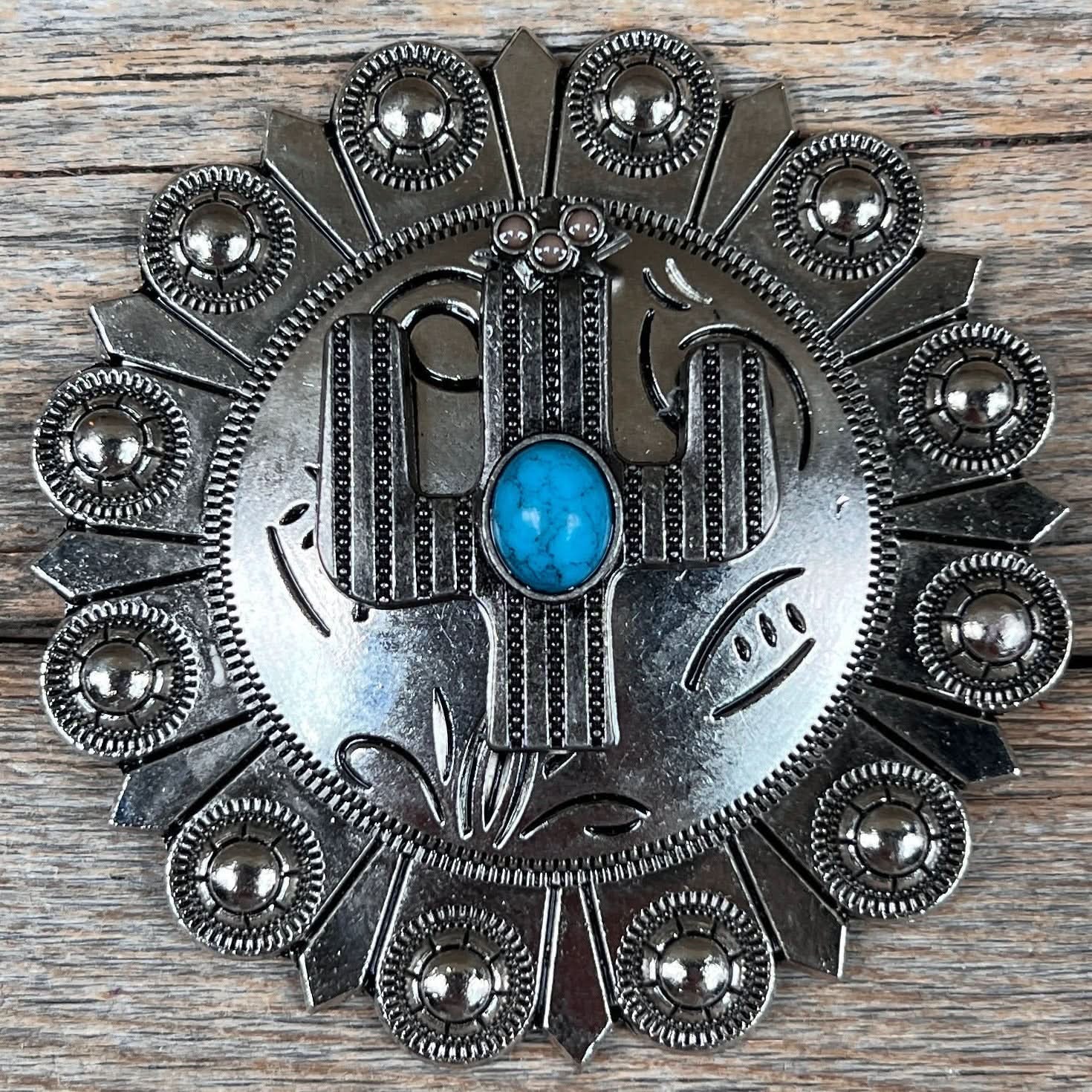Antique Silver Turquoise Cactus Concho W178