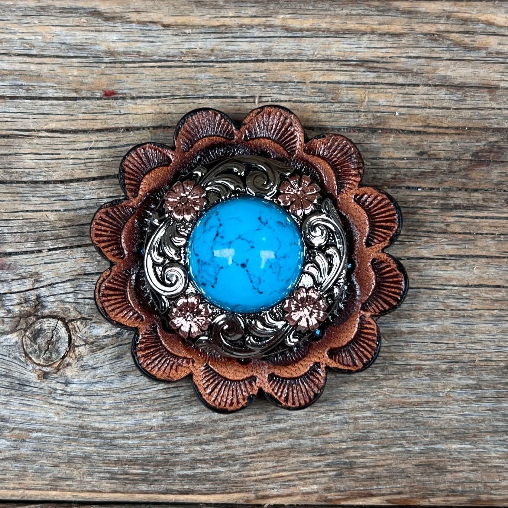 Antique Silver Turquoise Copper Floral Western Concho W222