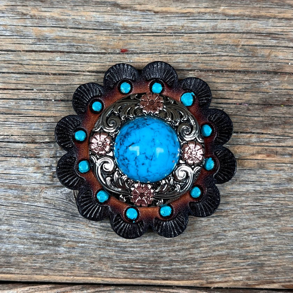Antique Silver Turquoise Copper Floral Western Concho W222