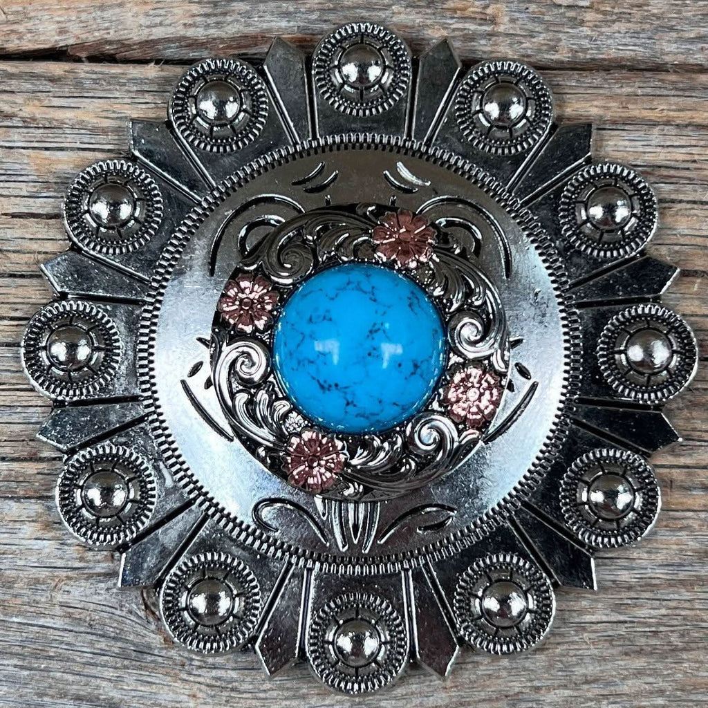 Antique Silver Turquoise Copper Floral Western Concho W222