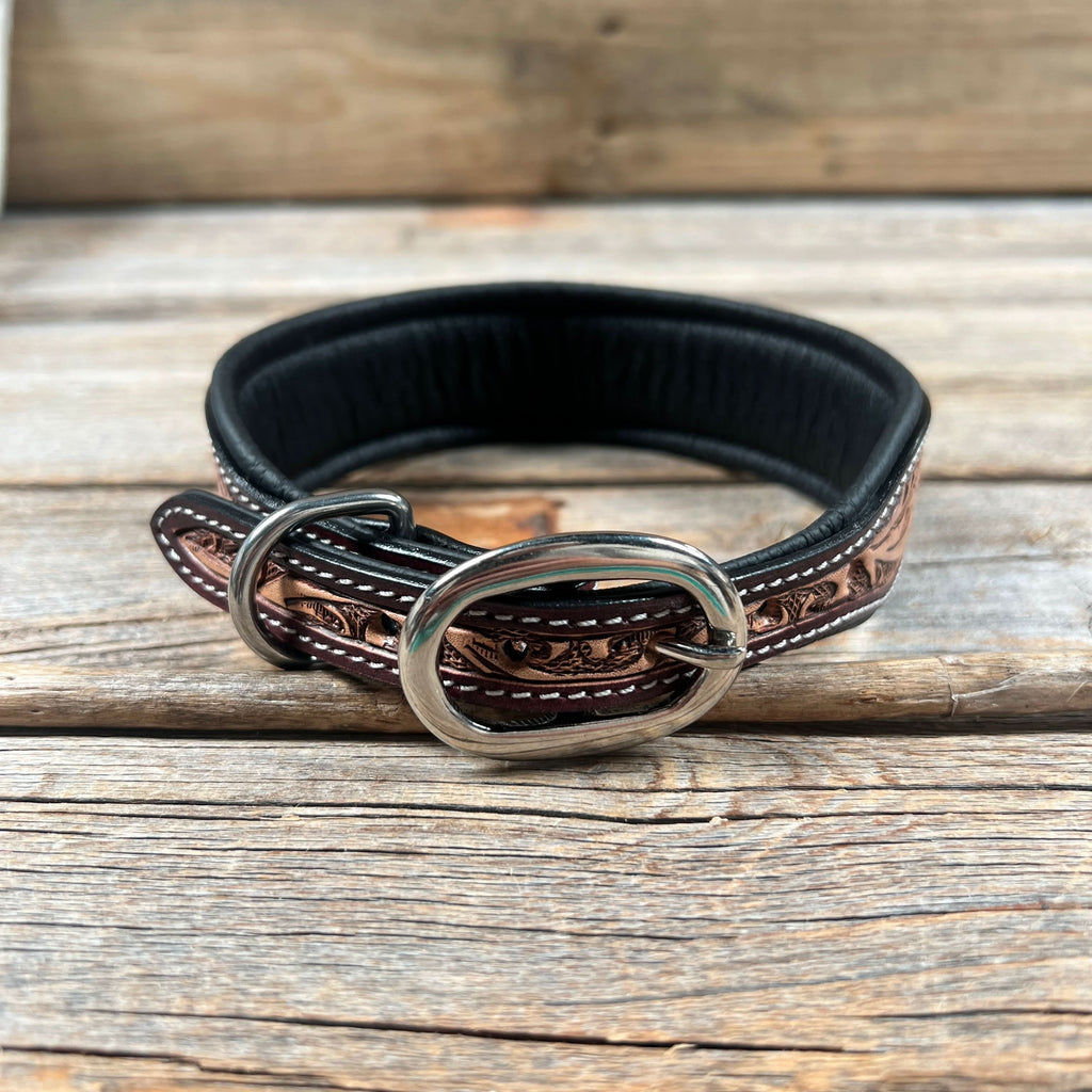 Tooled Red and Brown Leather Beaded Dog Collar #DC450