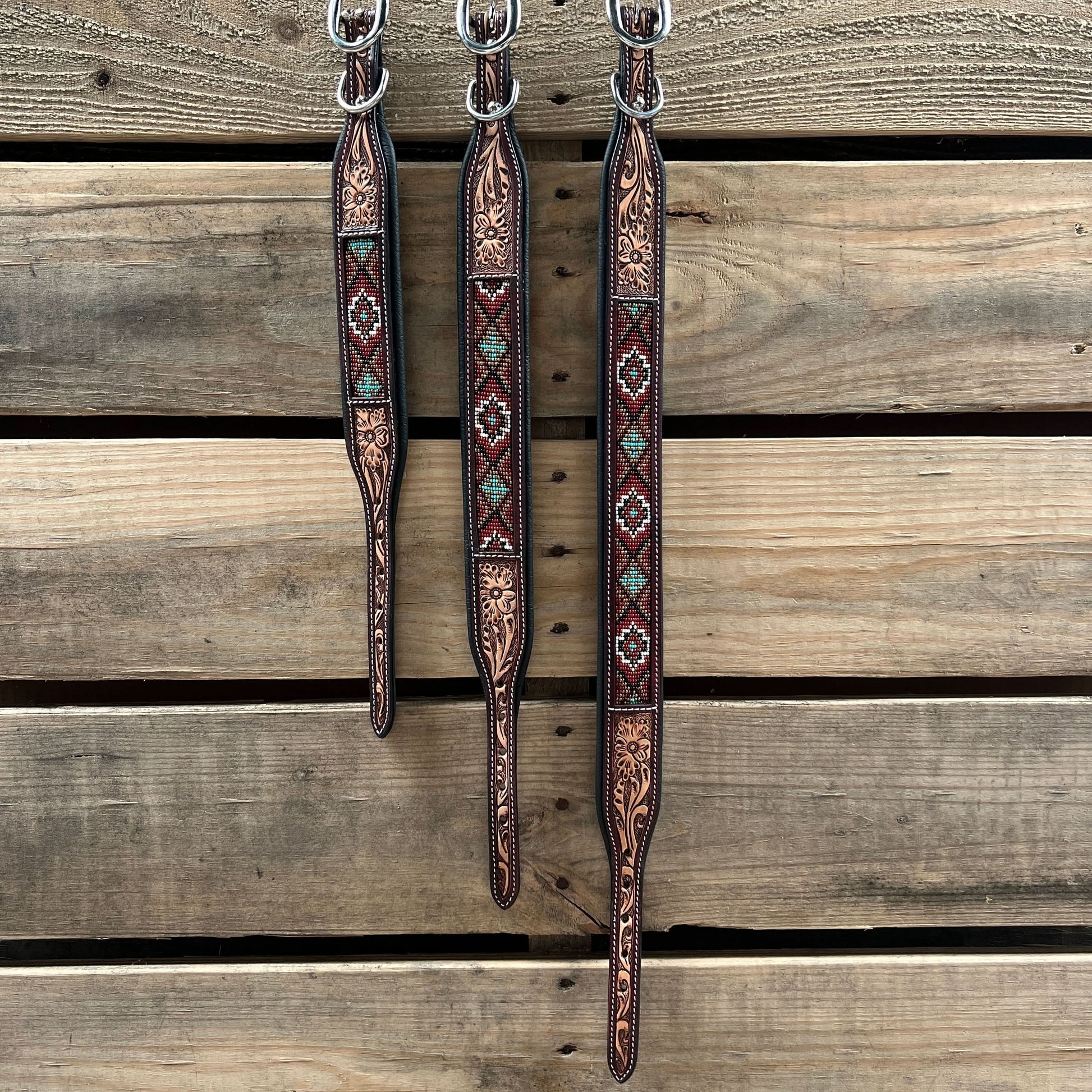Tooled Red and Brown Leather Beaded Dog Collar #DC450