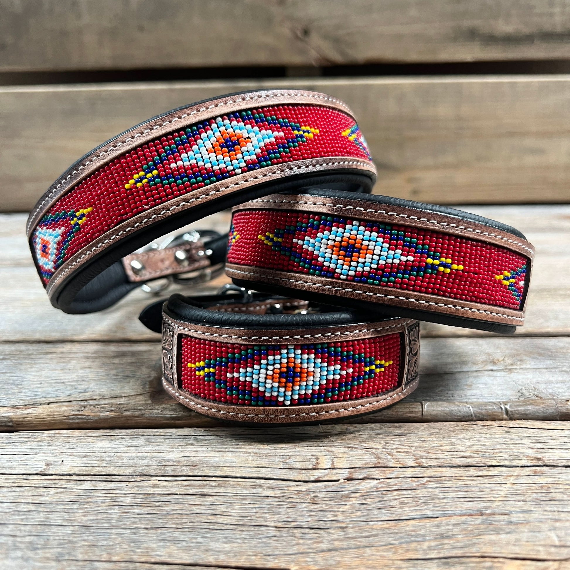 Tooled Red Leather Beaded Dog Collar #DC439