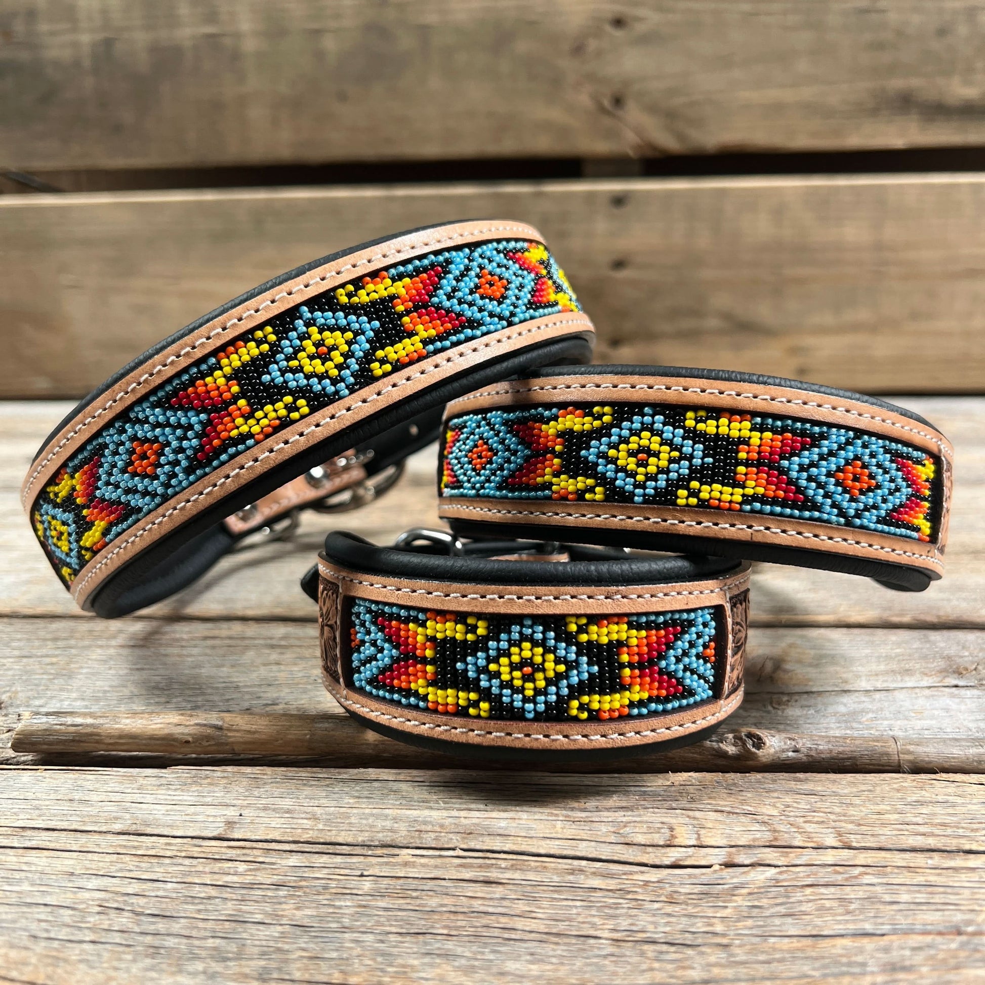 Tooled Yellow Leather Beaded Dog Collar #DC436