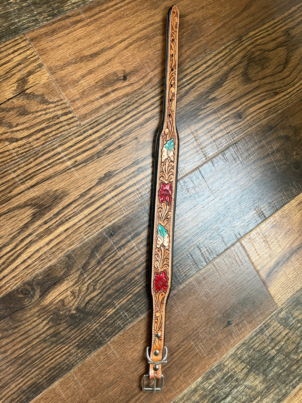Handcrafted Padded Leather Tooled Dog Collar Red Leaf