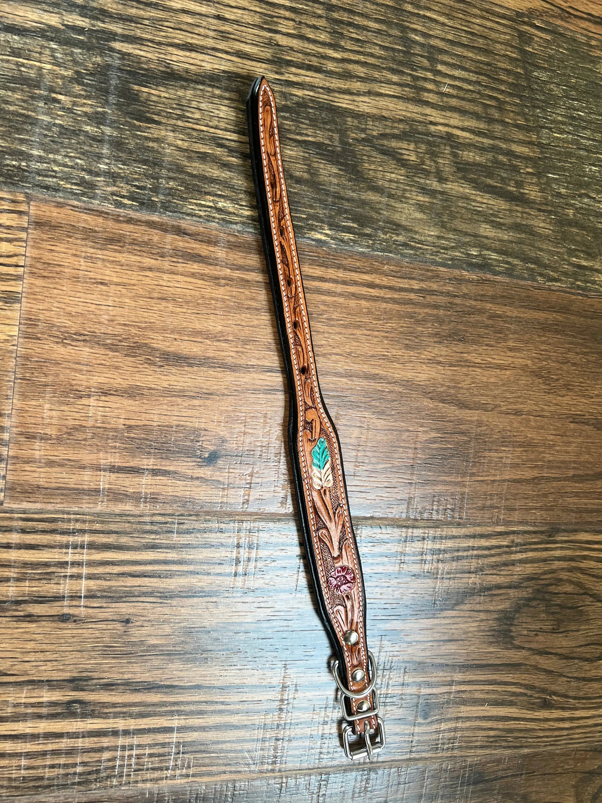 Handcrafted Padded Leather Tooled Dog Collar Red Leaf