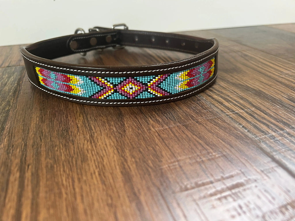 Leather Dog Collar with blue, pink yellow beading