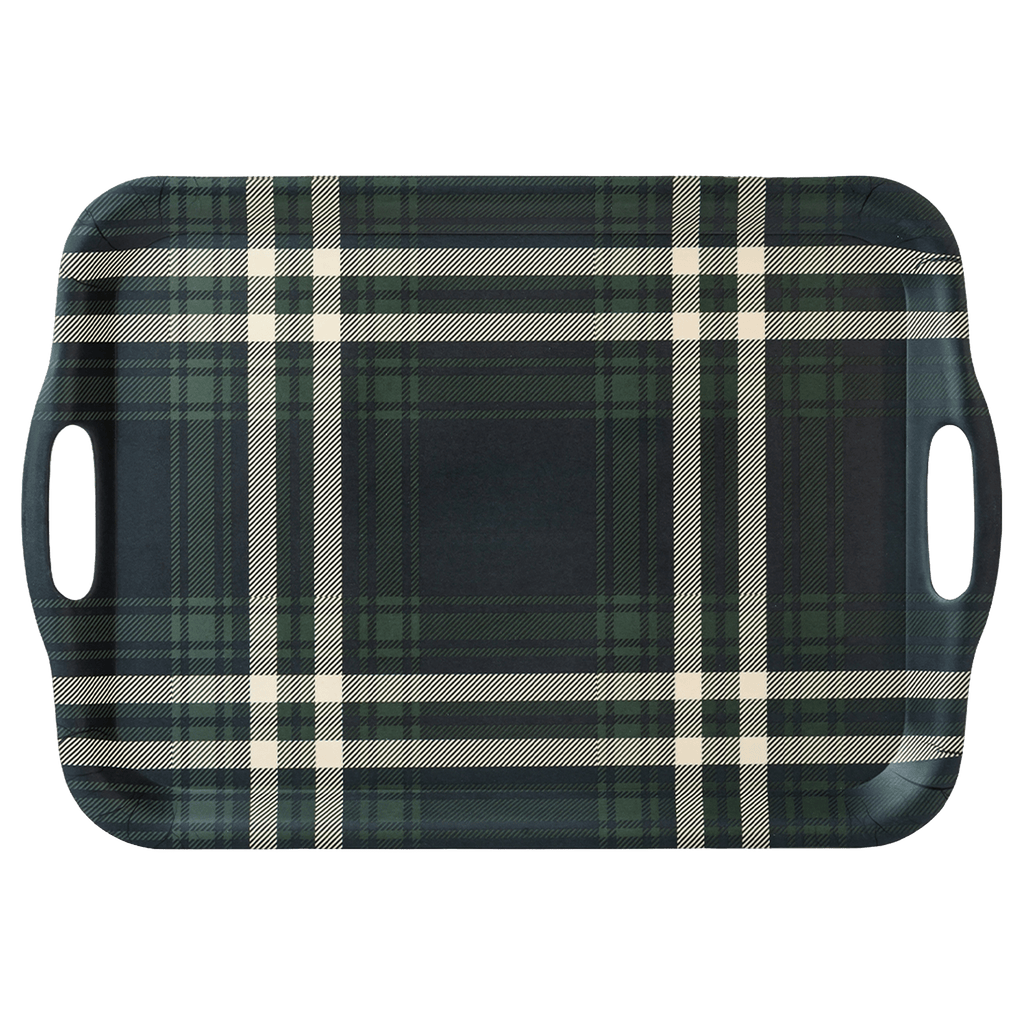 Navy Green Plaid Large Melamine Tray with Handles