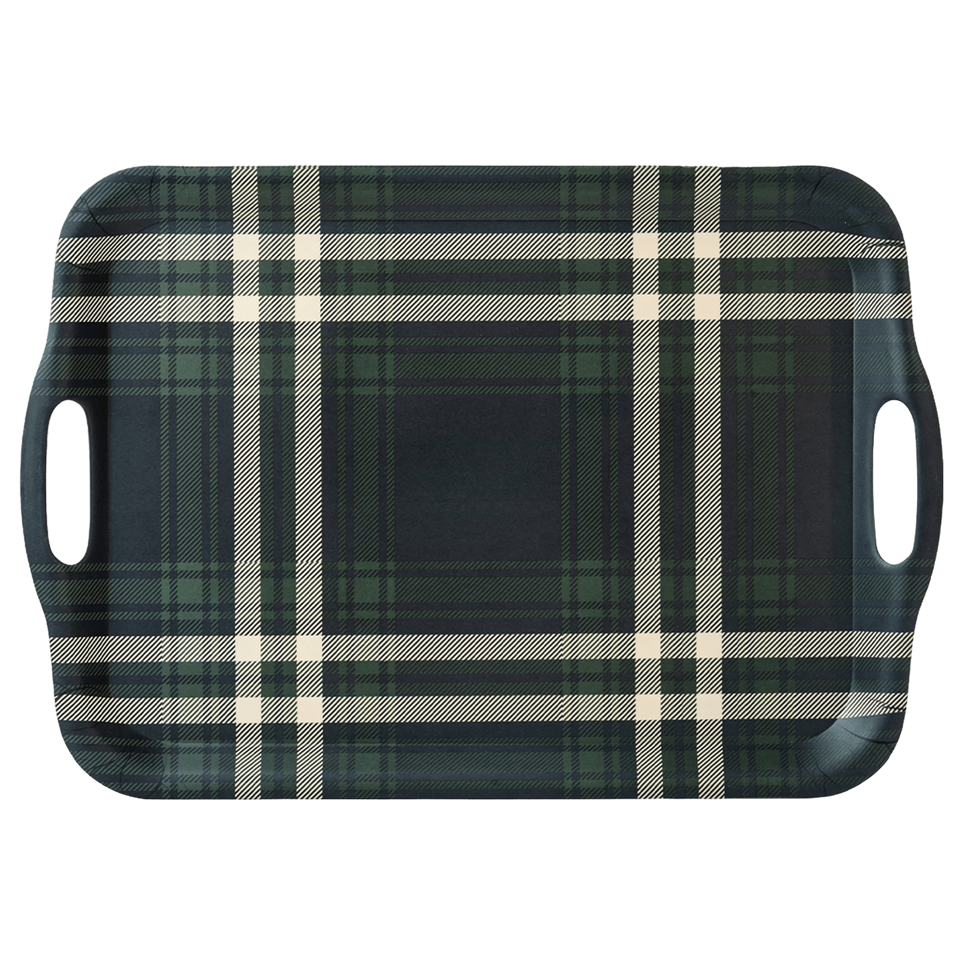 Navy Green Plaid Large Melamine Tray with Handles