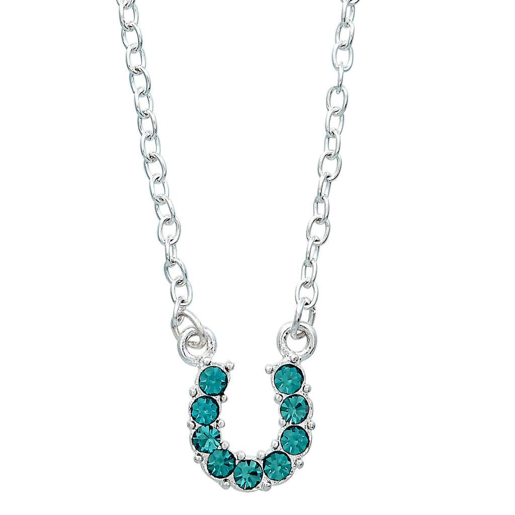 AWST Int'l Aqua Rhinestone Horseshoe Necklace w/Horse Head Gift Box