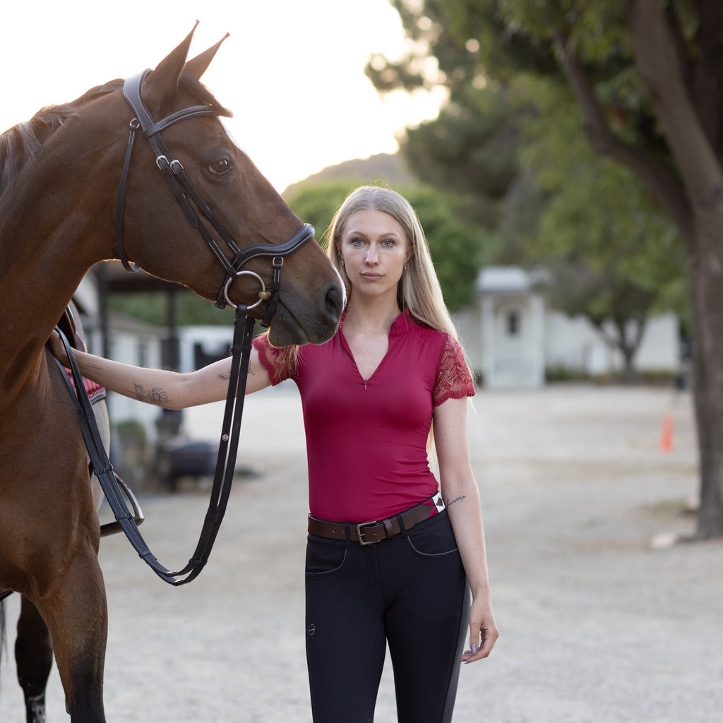Charlie Short Sleeve Lace Riding Shirt - Cherry Red