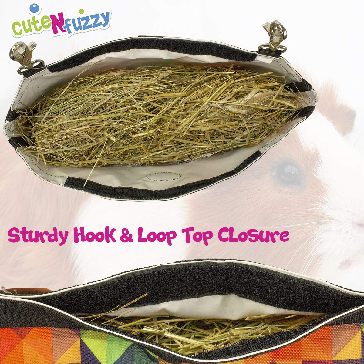 CuteNfuzzy 4-Opening Hay Bag for Rabbits, Guinea Pigs & Chinchillas, Medium Hanging Hay Feeder, 18" x 11" x 1.5", Helps Reduce Hay Waste & Cage Mess, 6-Month Warranty