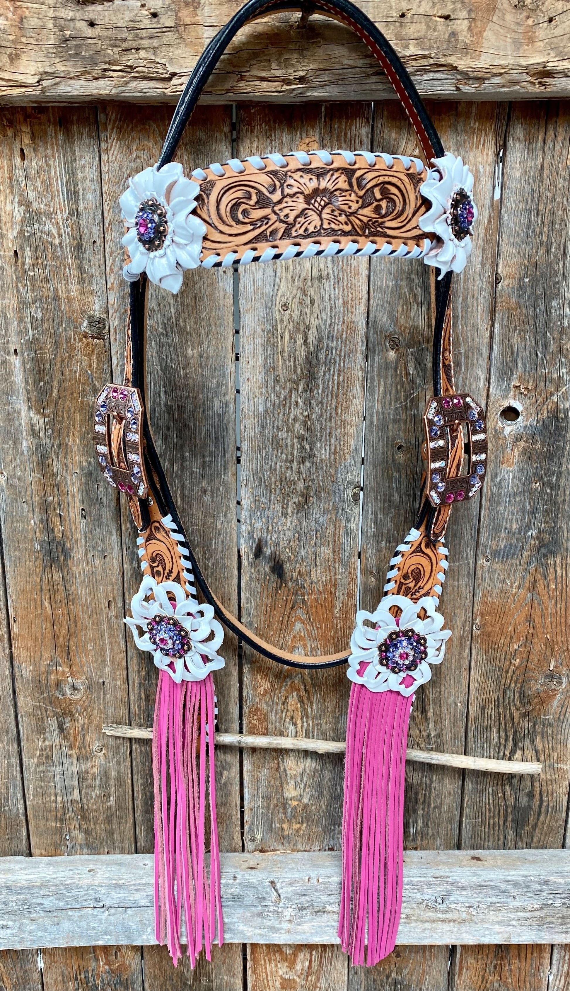 White Whipstitch Pink and White Browband/One Ear & Breastcollar Tack Set #BBBC426