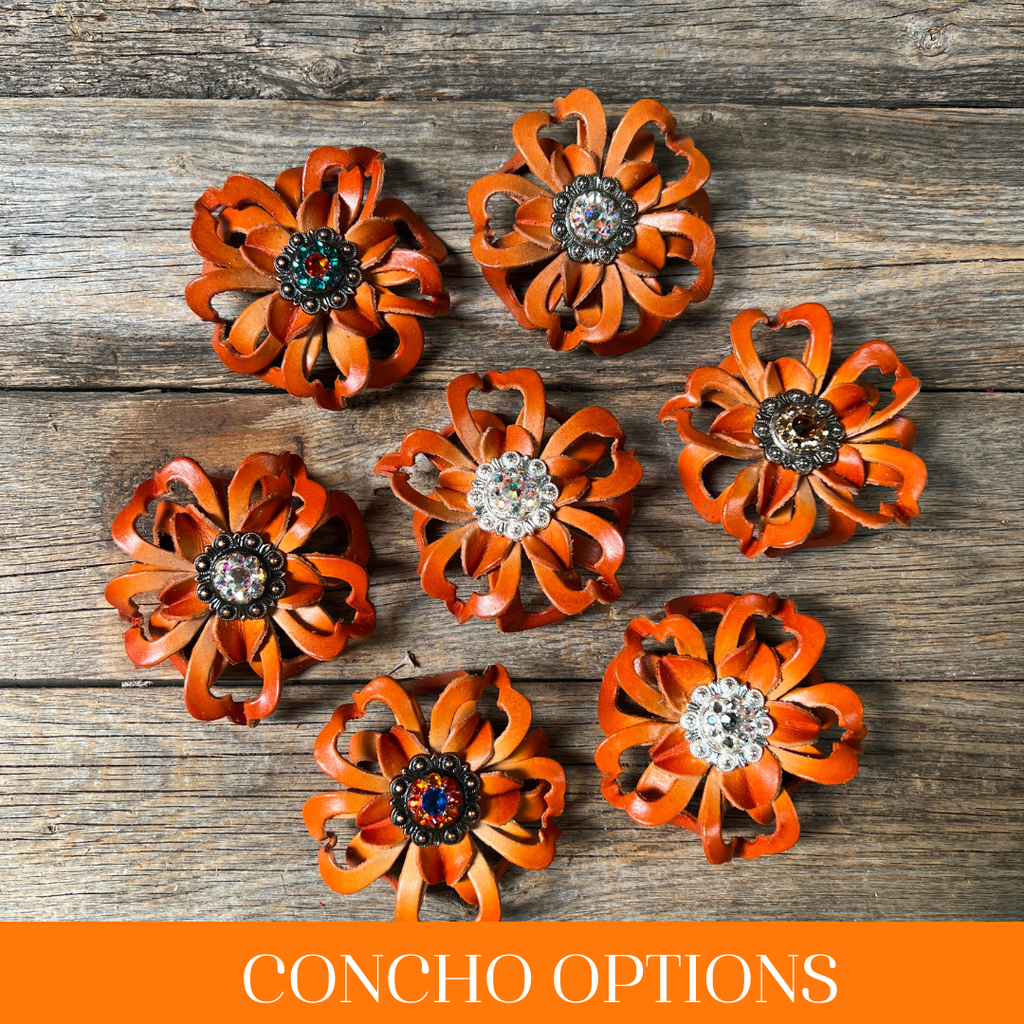 Orange Lotus Leather Flowers - 1" Crystal Conchos - Options