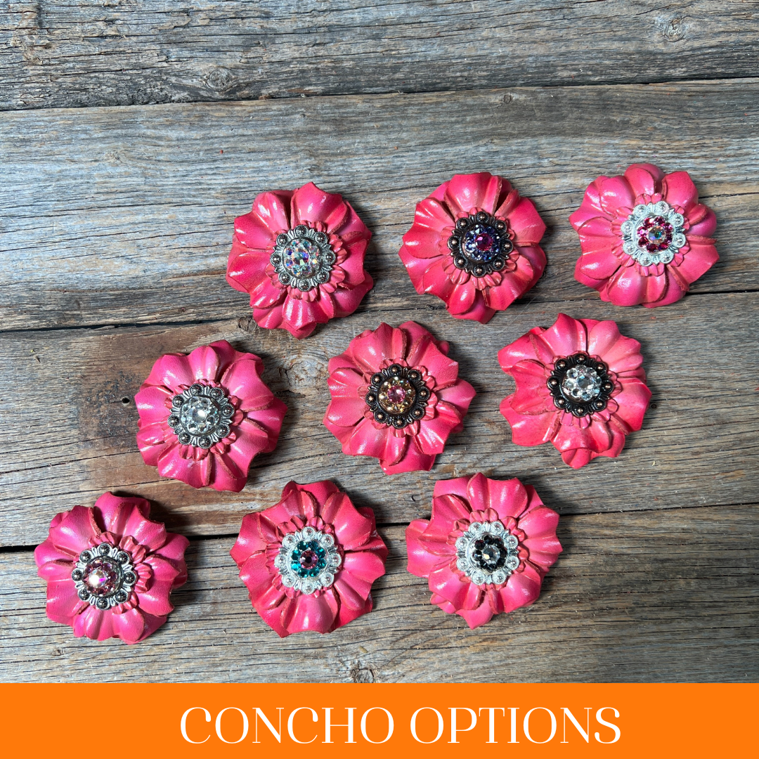 Pink Carnations Leather Flowers - 1" Crystal Conchos - Options