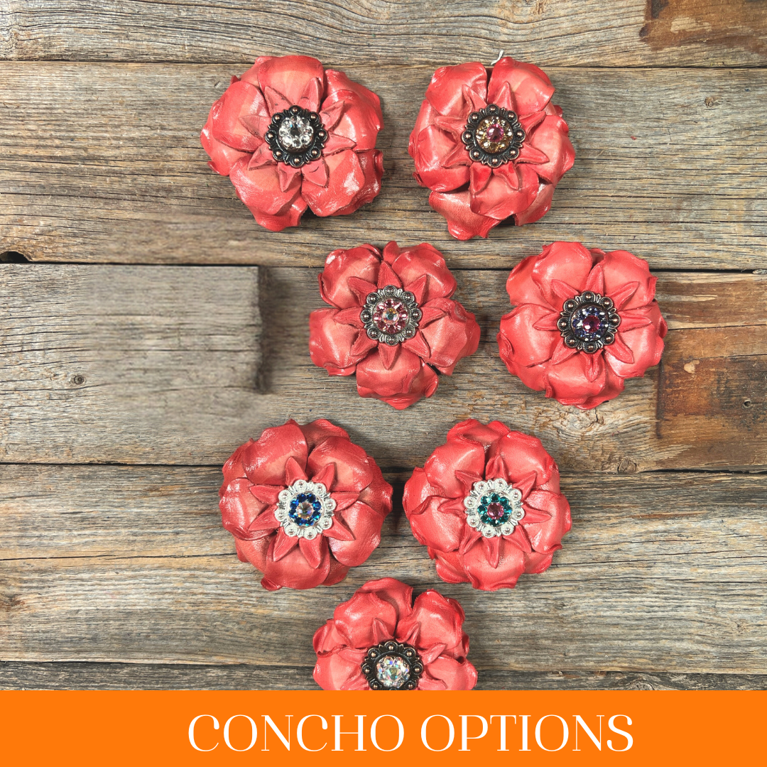 Pink Gardenia Leather Flowers - 1" Crystal Conchos - Options