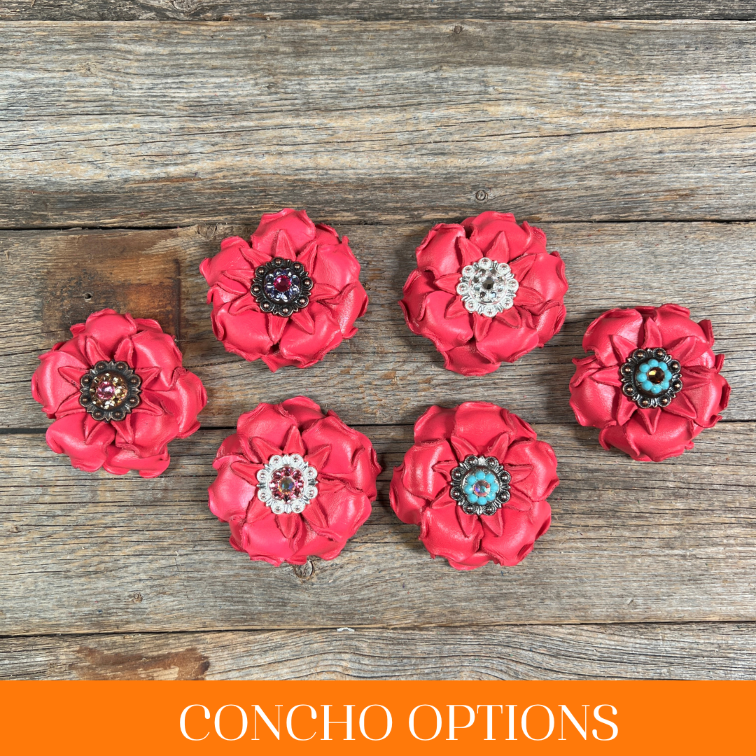 Bright Pink Gardenia Leather Flowers - 1" Crystal Conchos - Options
