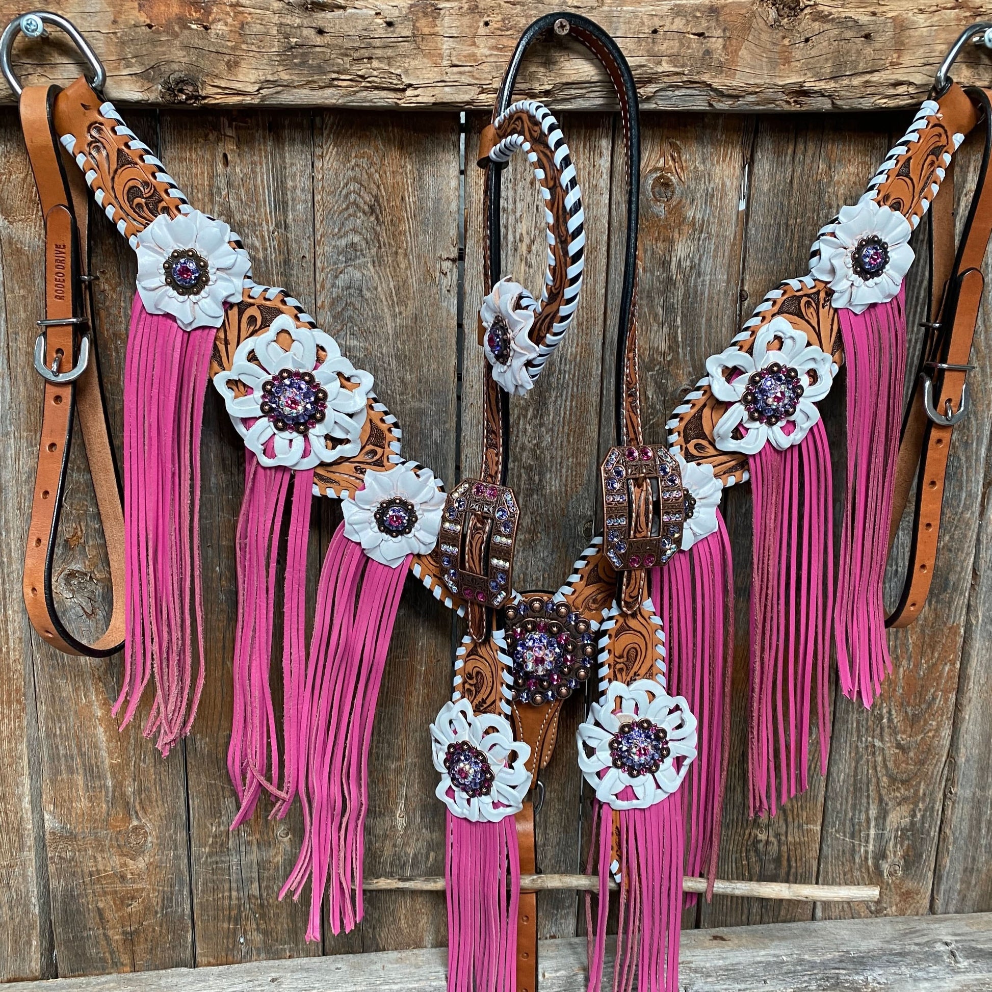 White Whipstitch Pink and White Browband/One Ear & Breastcollar Tack Set #BBBC426