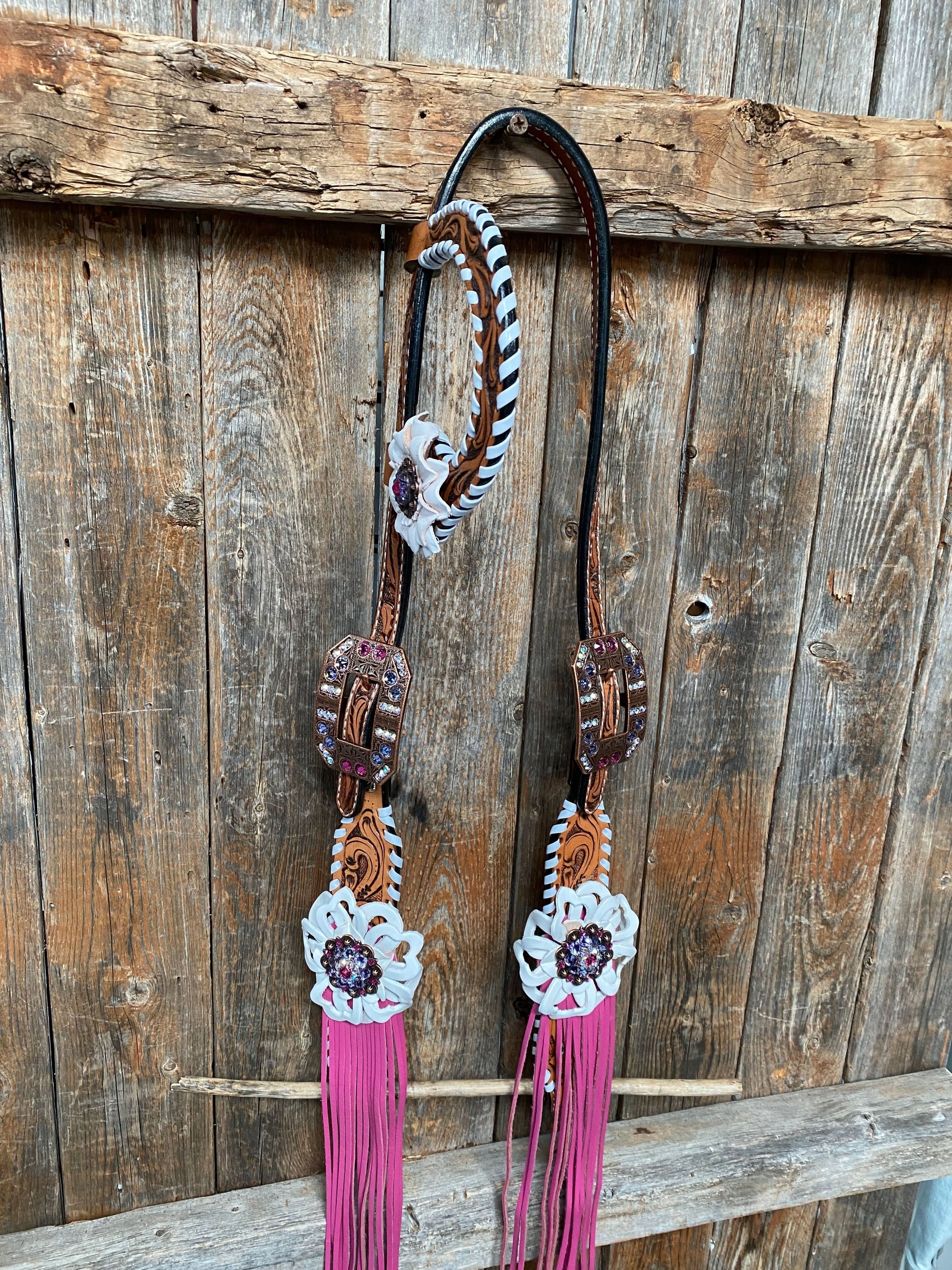 White Whipstitch Pink and White Browband/One Ear & Breastcollar Tack Set #BBBC426