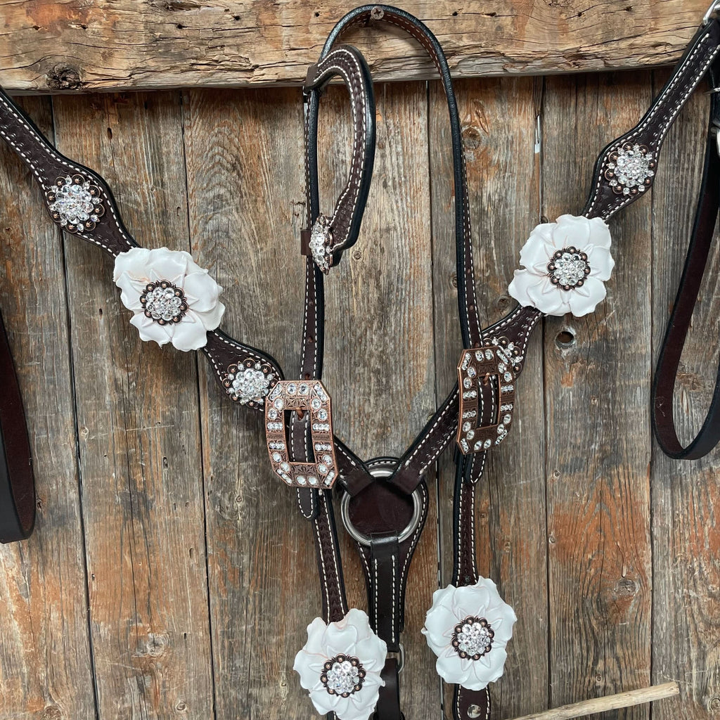 Dark Oil Basketweave White Browband/One Ear Tack Set with Witherstrap  #BBBC453