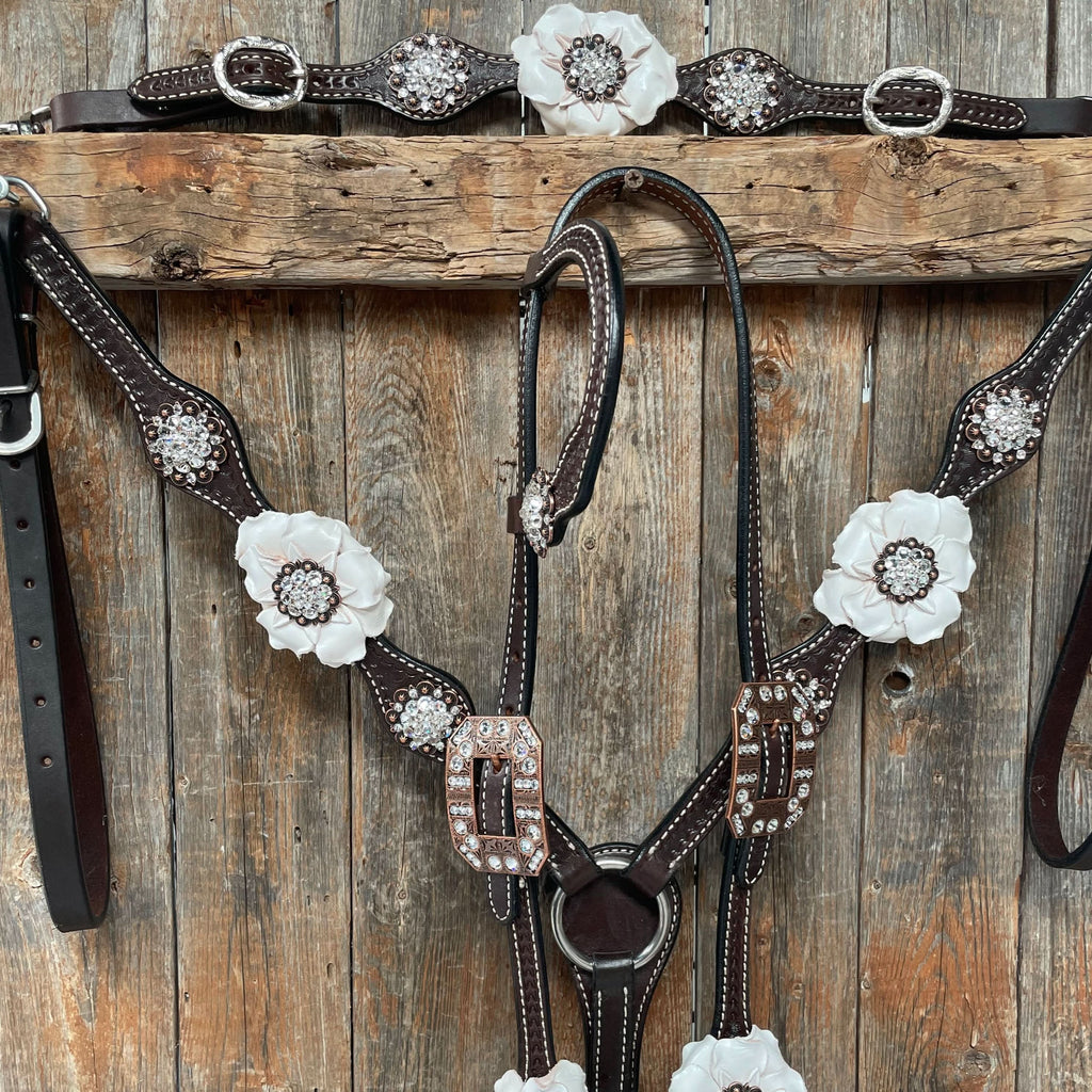 Dark Oil Basketweave White Browband/One Ear Tack Set with Witherstrap  #BBBC453