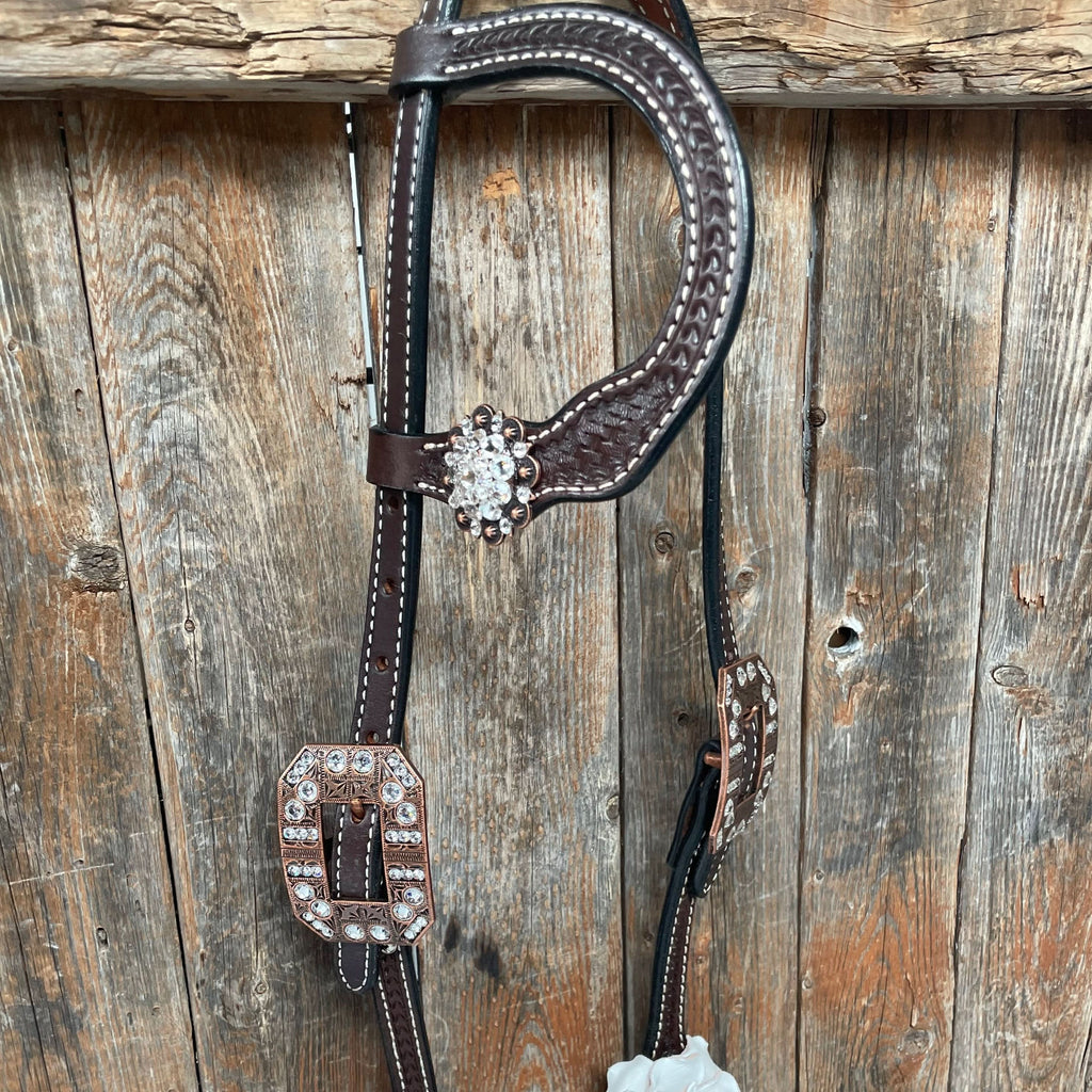 Dark Oil Basketweave White Browband/One Ear Tack Set with Witherstrap  #BBBC453