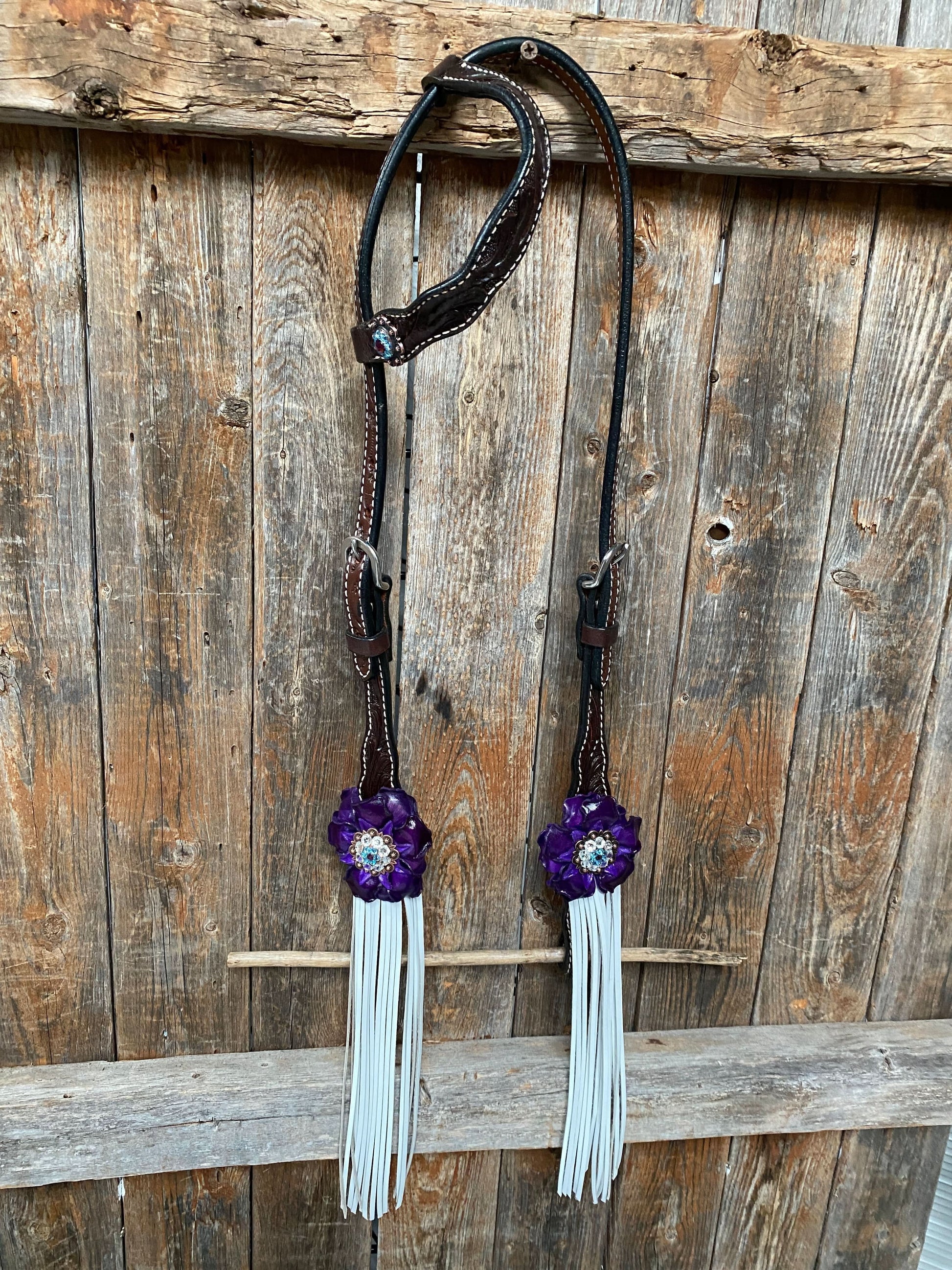 Dark Oil Floral Purple and White Browband / One Ear Tack Set #BBBC456