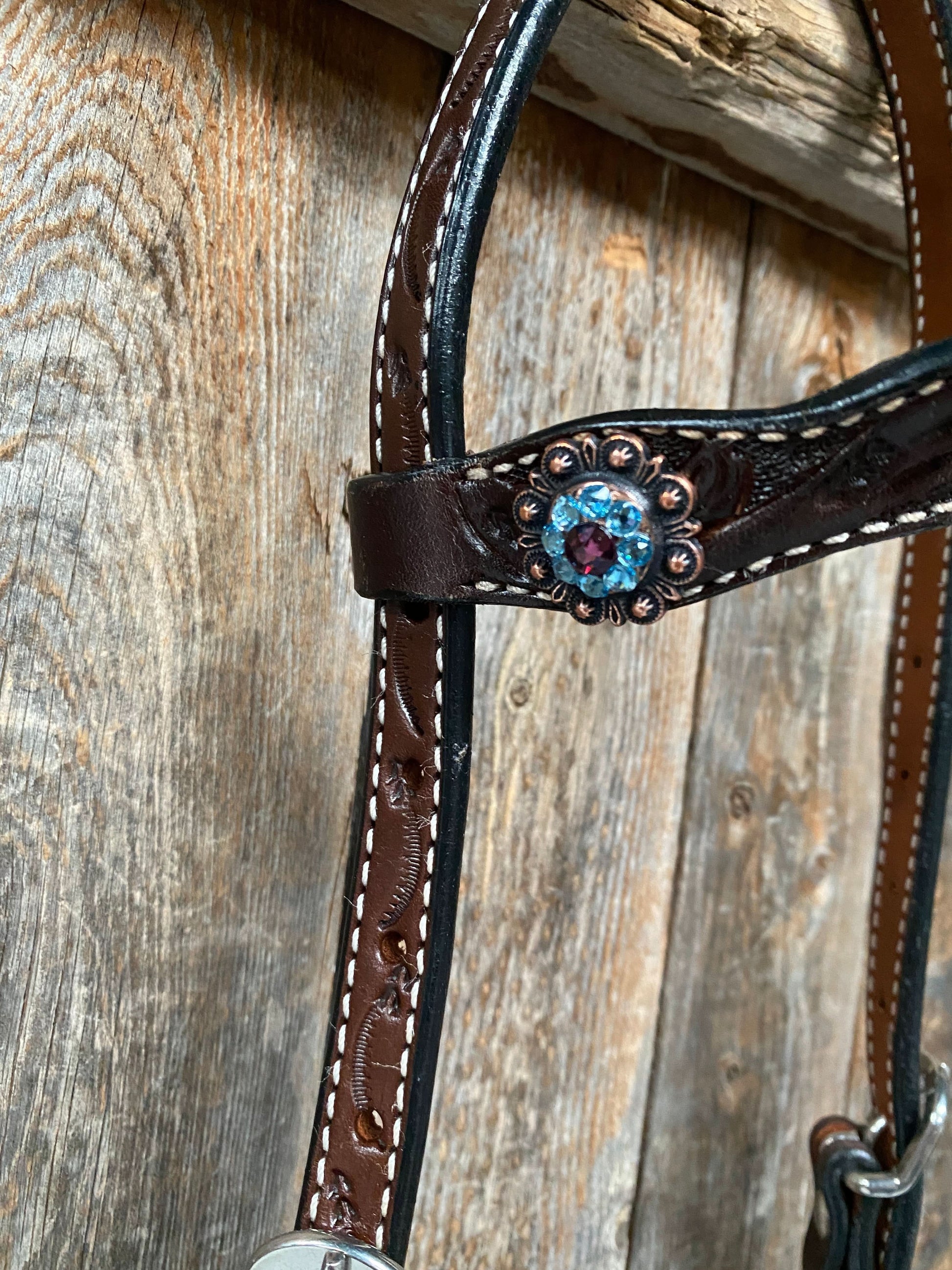 Dark Oil Floral Purple and White Browband / One Ear Tack Set #BBBC456