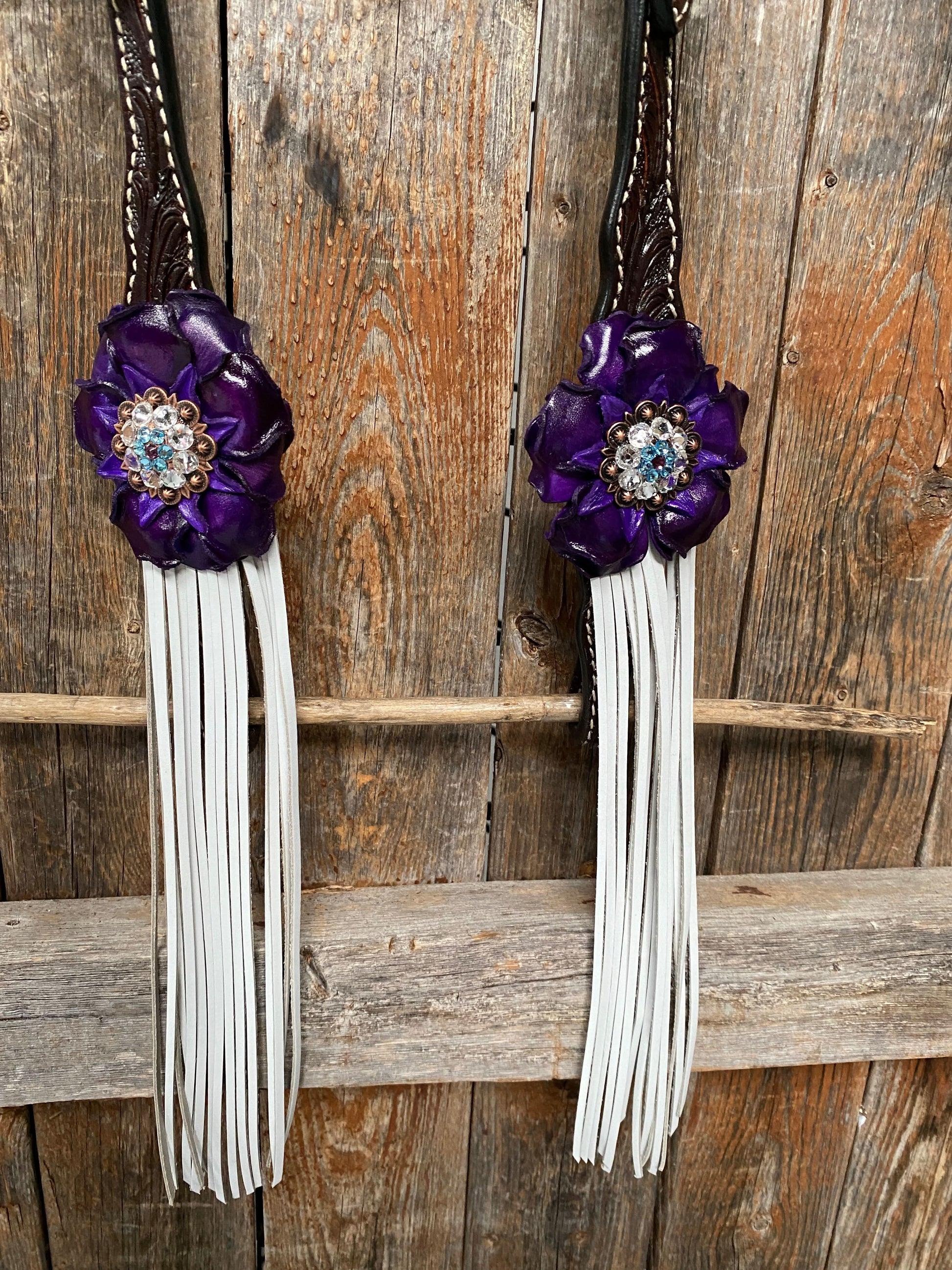 Dark Oil Floral Purple and White Browband / One Ear Tack Set #BBBC456