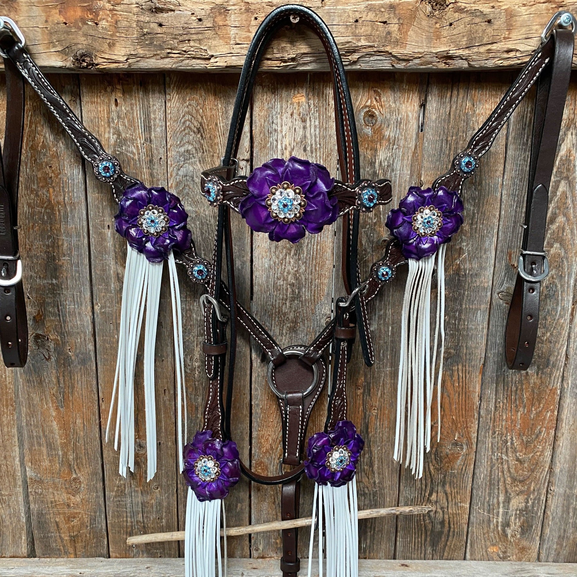 Dark Oil Floral Purple and White Browband / One Ear Tack Set #BBBC456
