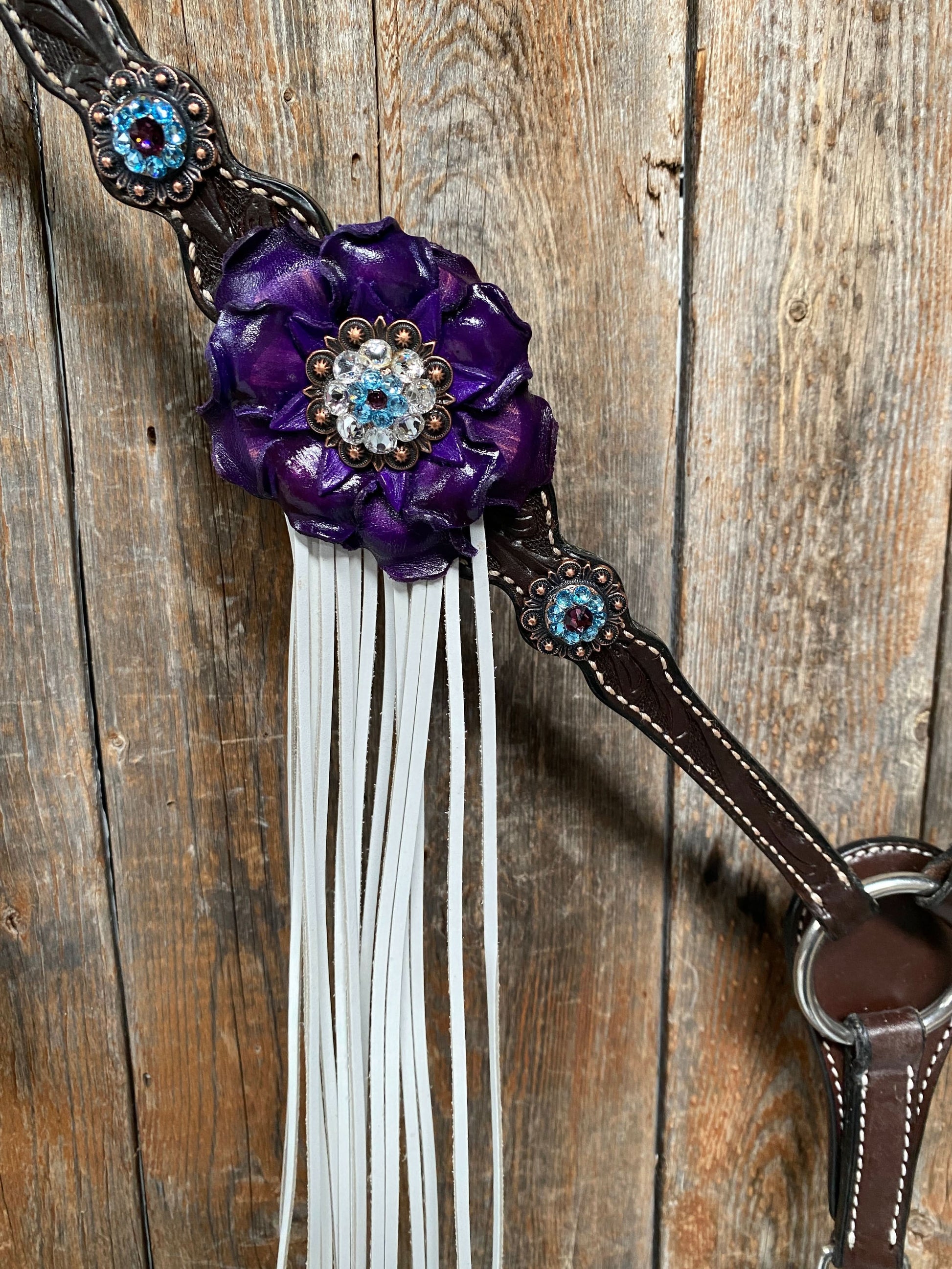 Dark Oil Floral Purple and White Browband / One Ear Tack Set #BBBC456