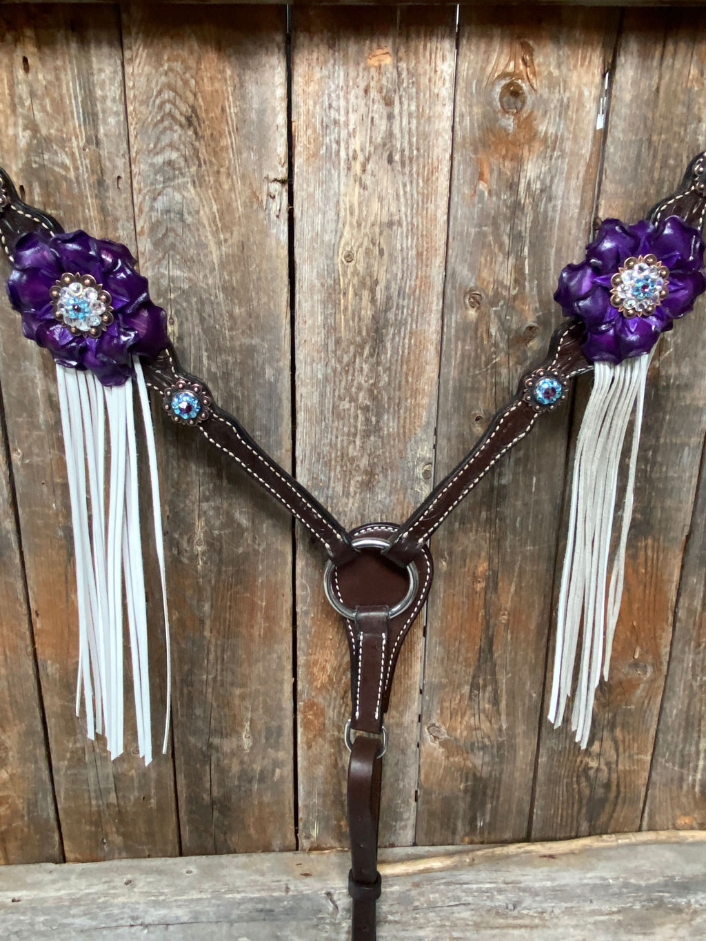 Dark Oil Floral Purple and White Browband / One Ear Tack Set #BBBC456