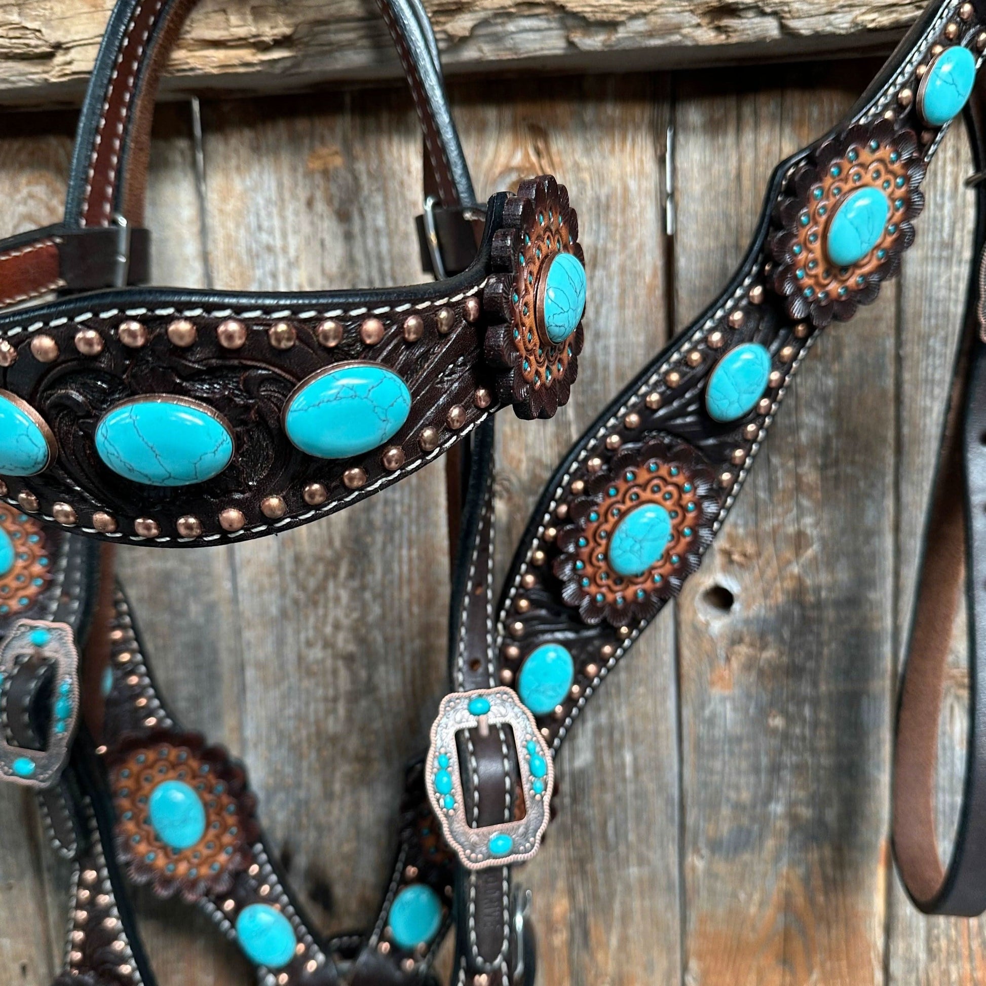 Dark Oil Floral Copper Dot Turquoise Cabochon Browband / Breastcollar Tack Set #BBBC508